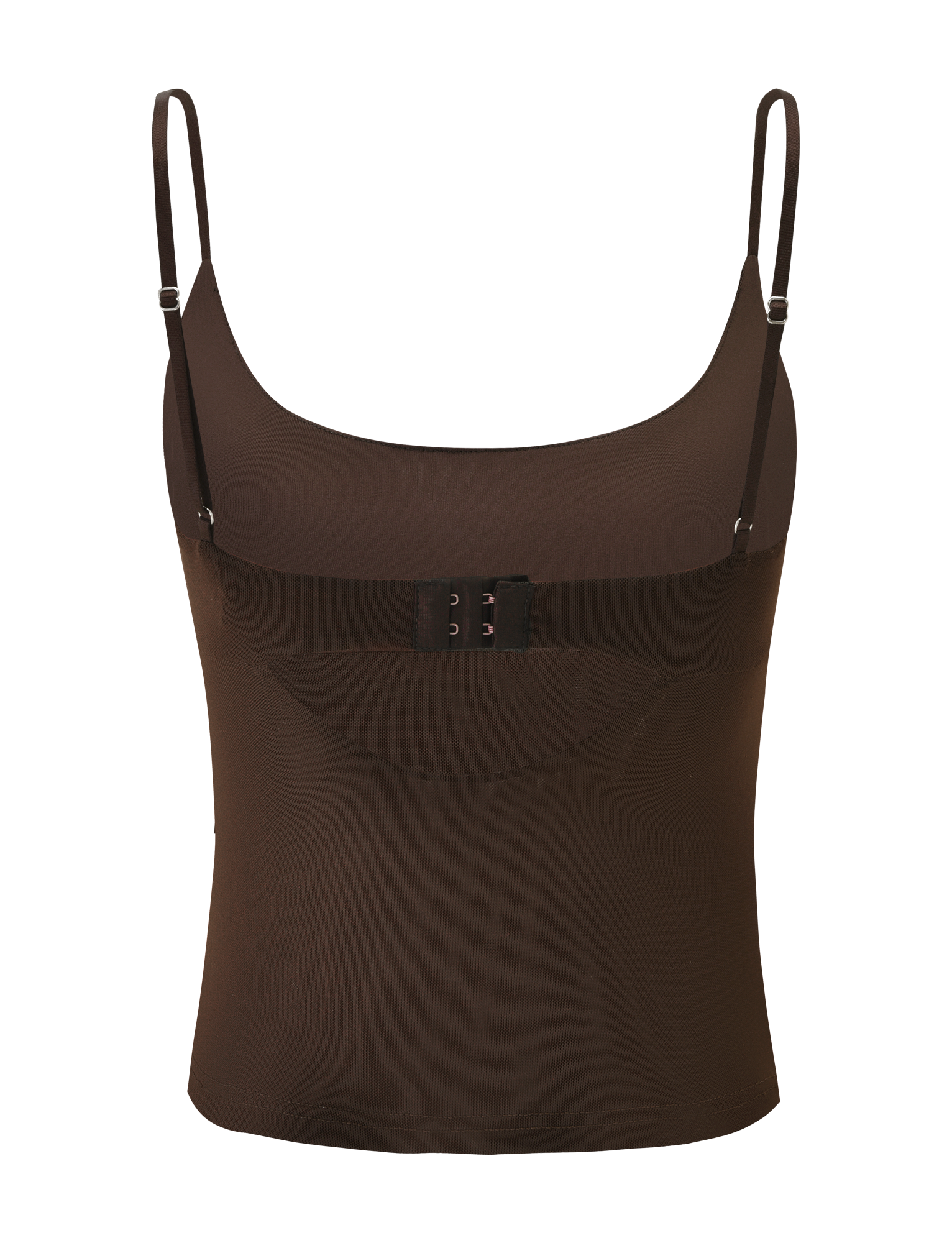The TIGERMIST OCTAVIA TOP - CHOCOLATE is a smooth, fitted, chocolate brown camisole featuring thin adjustable straps and a front hook-and-eye closure.