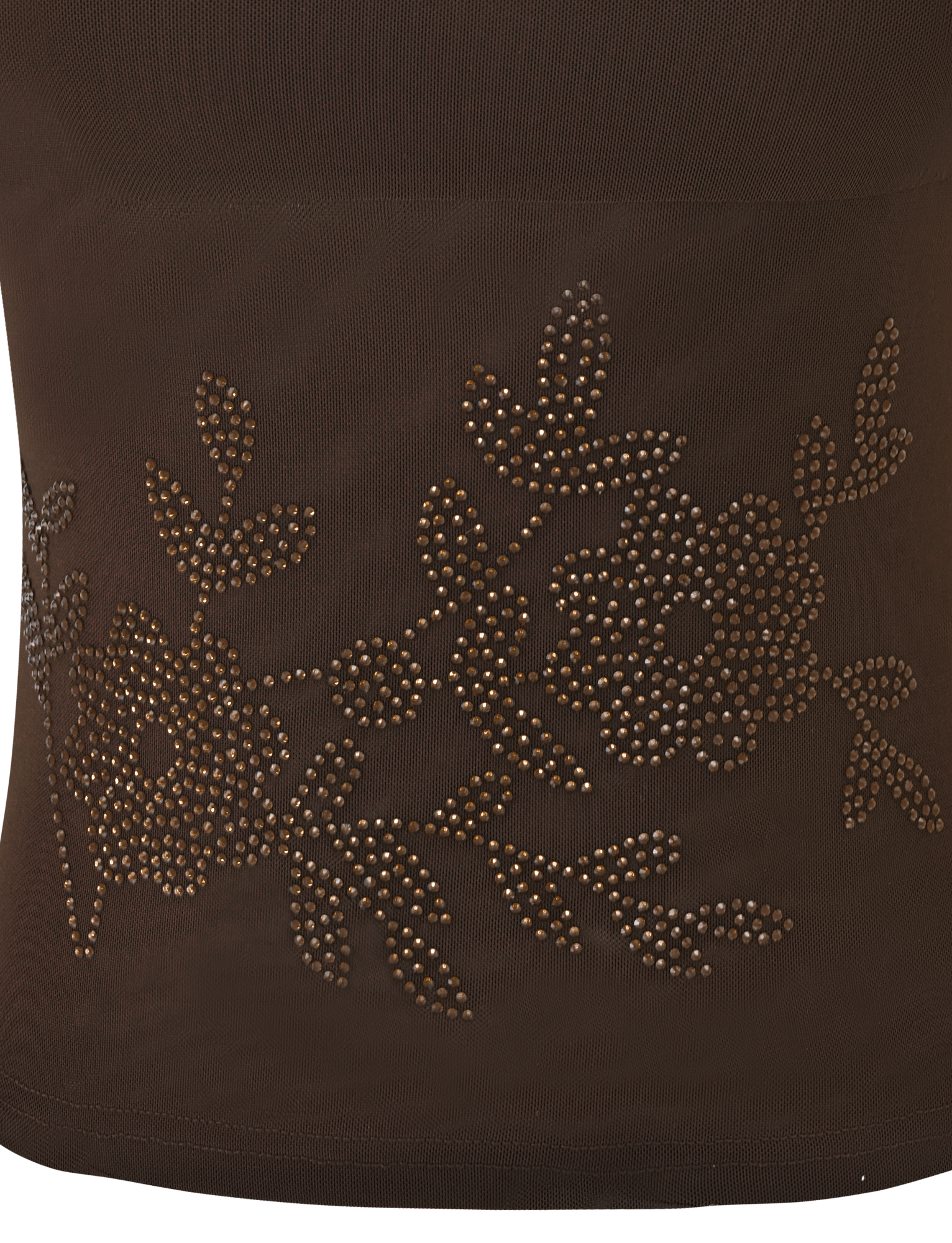 The OCTAVIA TOP - CHOCOLATE by TIGERMIST features chocolate brown fabric adorned with floral and leaf embellishments crafted from small gold studs.