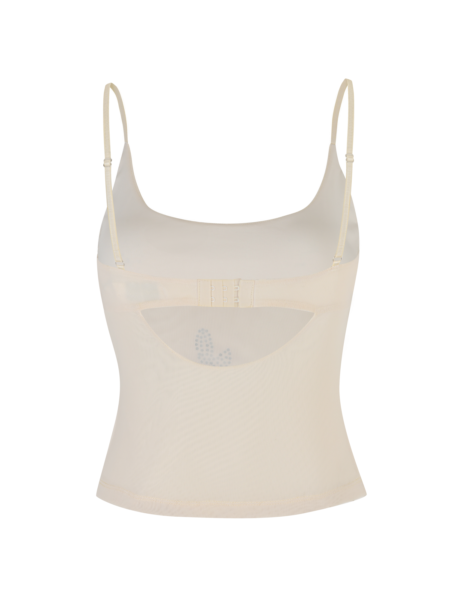 The OCTAVIA TOP - NEUTRAL : CREAM by TIGERMIST is a sheer, cream mesh camisole featuring thin adjustable straps and a curved front cutout.