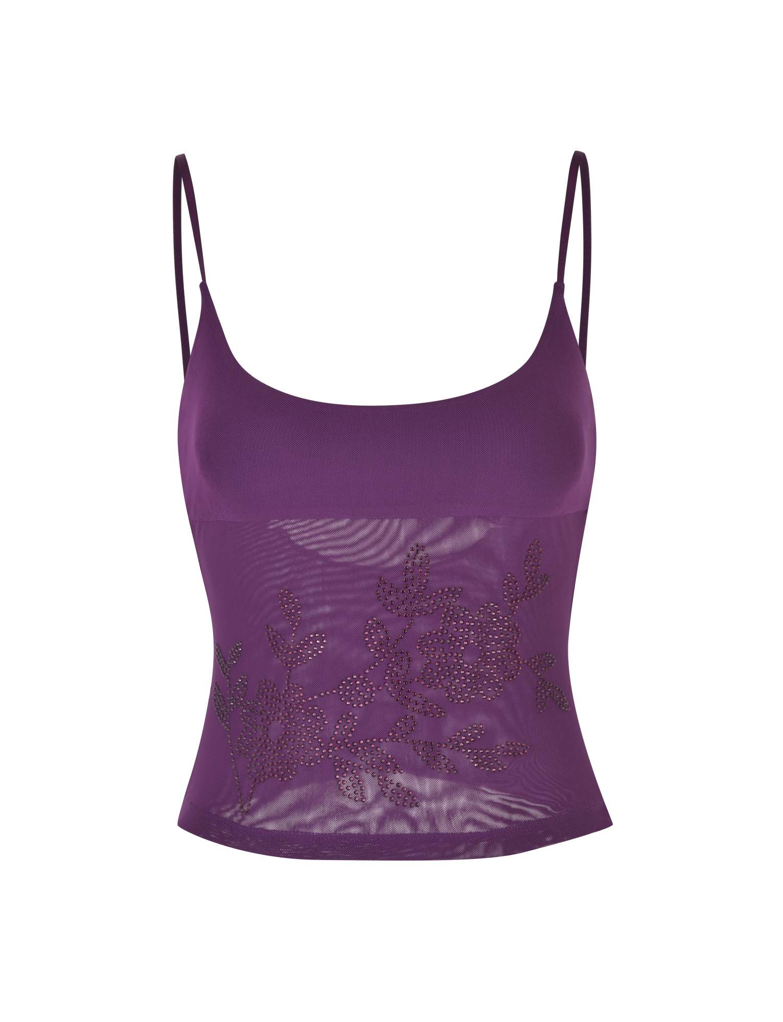 The OCTAVIA TOP - PURPLE by TIGERMIST features adjustable spaghetti straps, a sheer floral-embellished midsection with rhinestone accents, and a fitted design—perfect for any occasion.