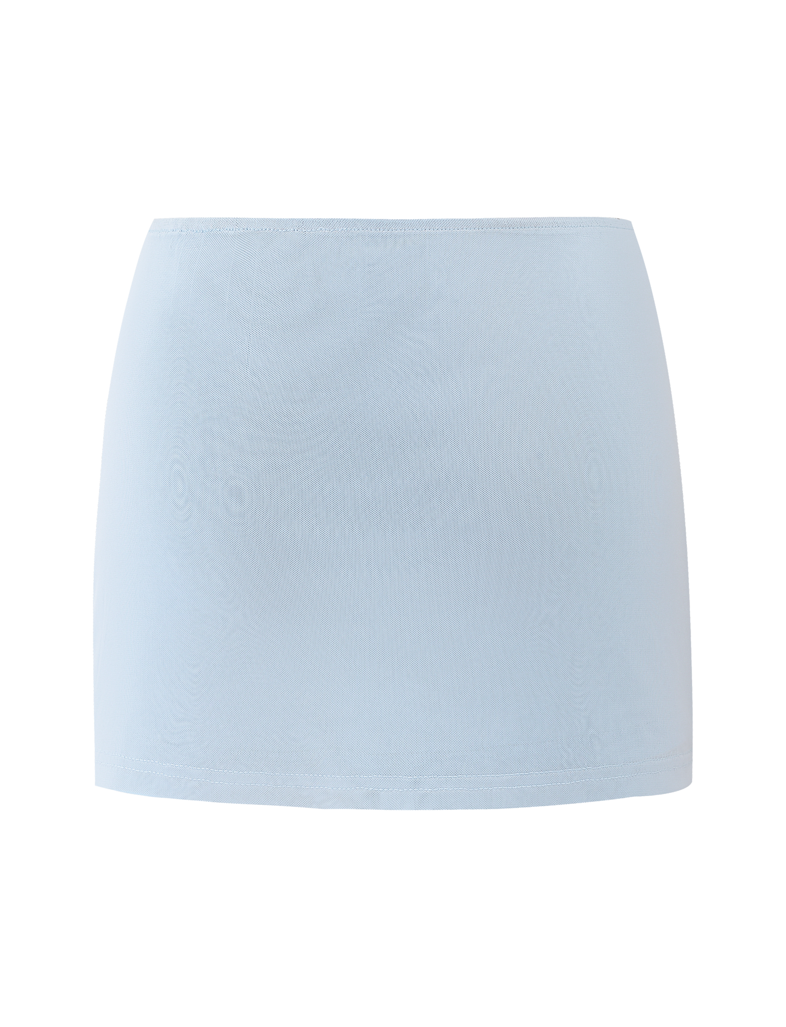 The OCTAVIA MINI SKIRT - BABY BLUE by TIGERMIST is a light blue, plain mini skirt with a straight cut and subtle floral accents, shown against a white background.