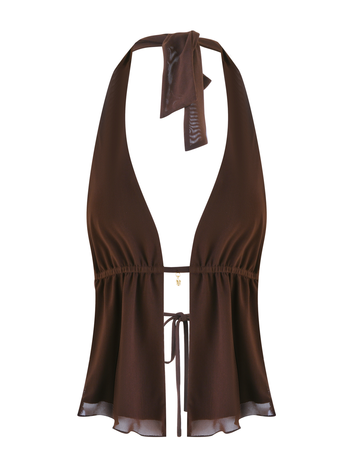 The TIGERMIST ESHA TOP - BROWN : CHOCOLATE features adjustable halter neck and front ties, a deep V neckline, and a flared, slightly sheer peplum hem for a chic look.