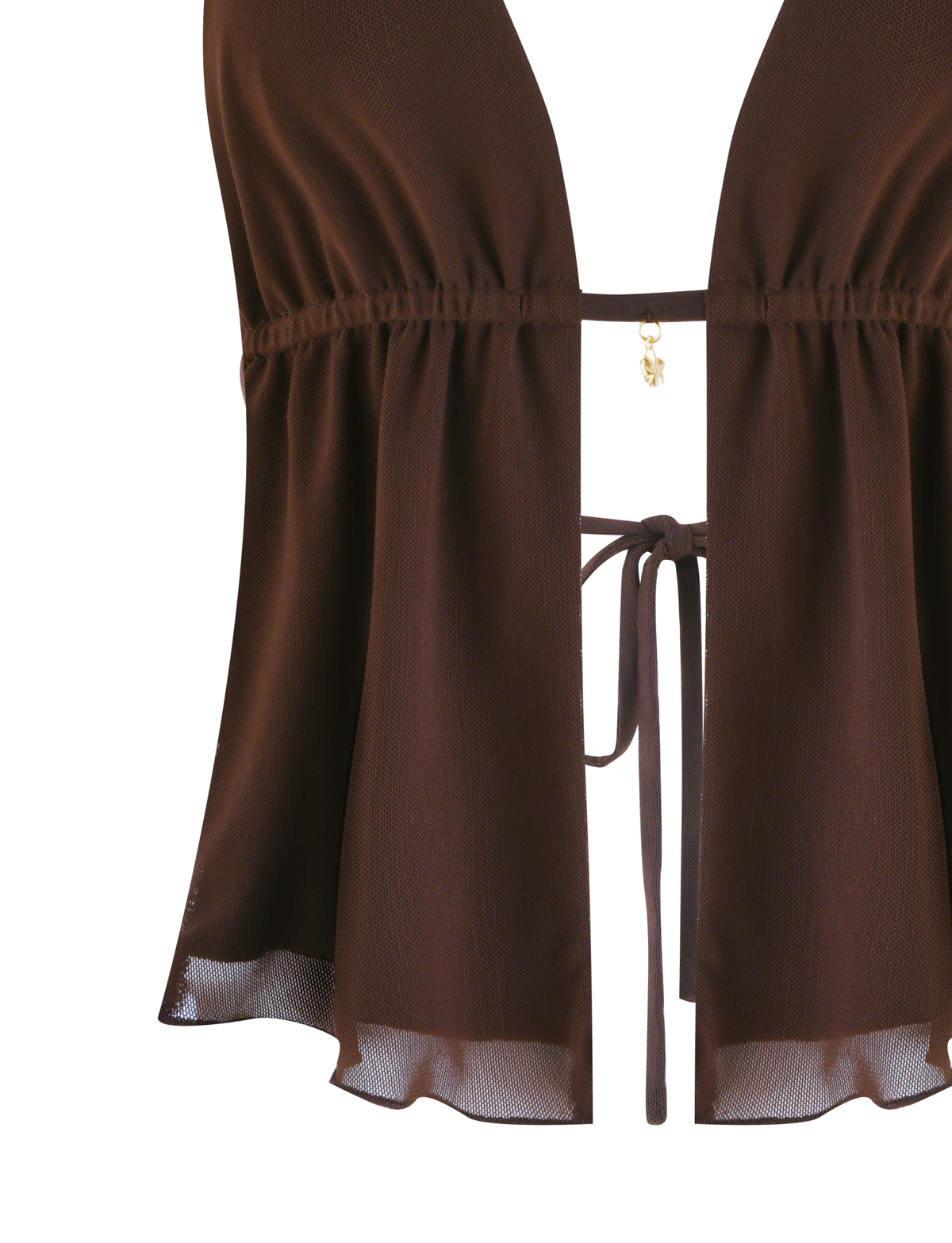 The ESHA TOP - BROWN : CHOCOLATE by TIGERMIST is a brown sleeveless halter neck top featuring a deep V-neckline, adjustable front waist ties, and loose, flowy fabric.