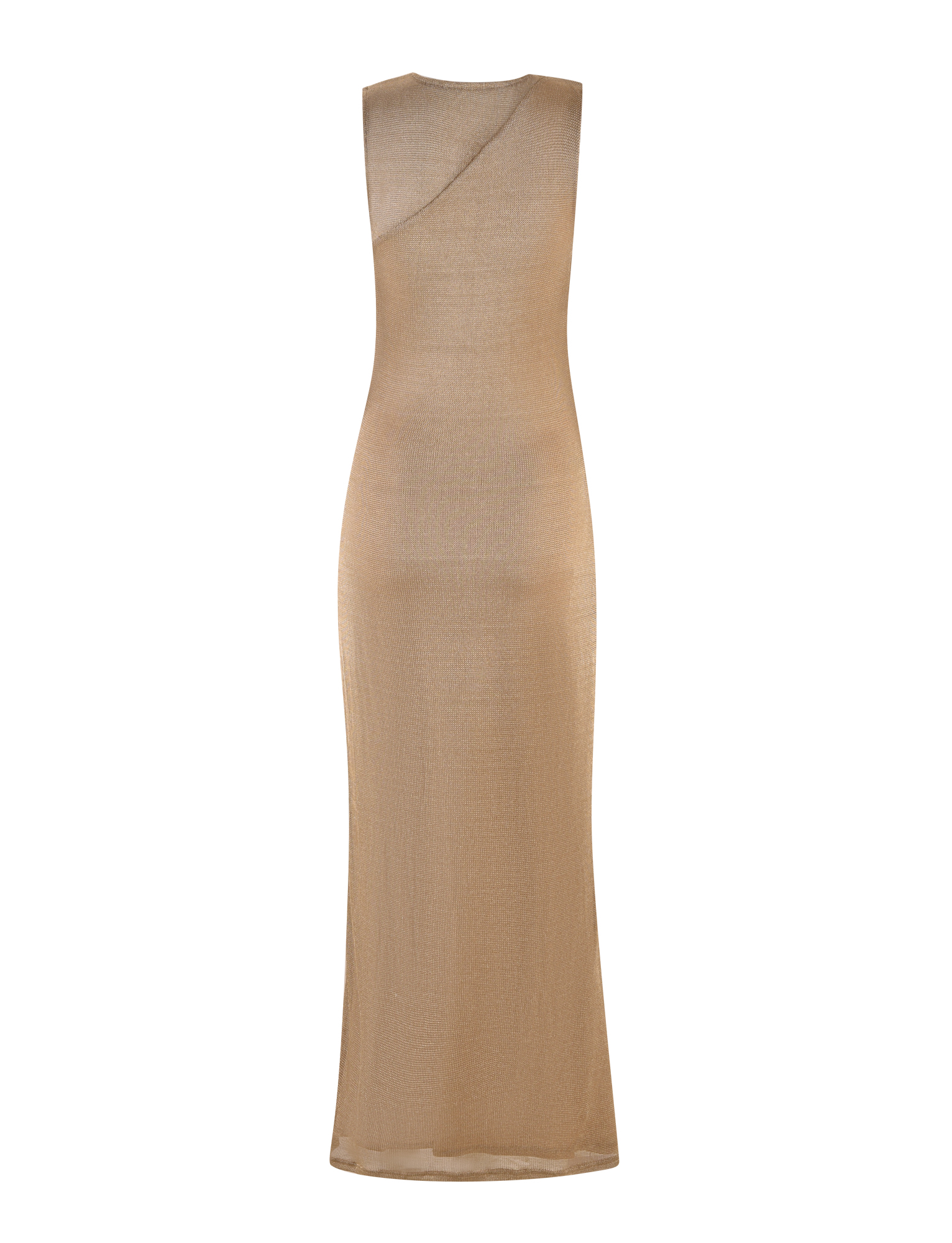 The TIGERMIST AZELMA MAXI DRESS - GOLD features a sleeveless, floor-length silhouette in sheer gold metallic knit with a fitted shape and subtle asymmetrical neckline, shown on a plain white background.