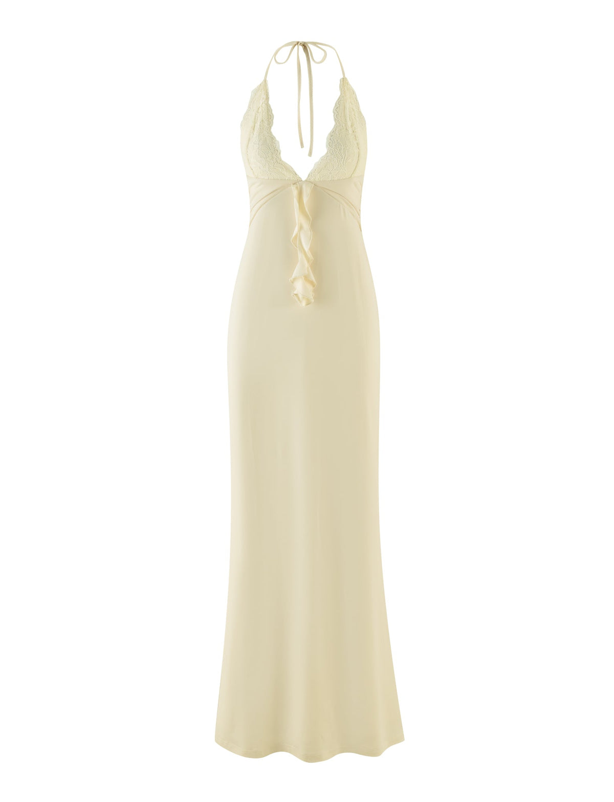 The DEENA MAXI DRESS - YELLOW : LEMON by TIGERMIST is a beautiful maxi-length piece that highlights a long, yellow halter style with a plunging V-neckline. Featuring lace bust cups and detailed bodice embellishments, it boasts a flowing skirt and ties elegantly at the neck.