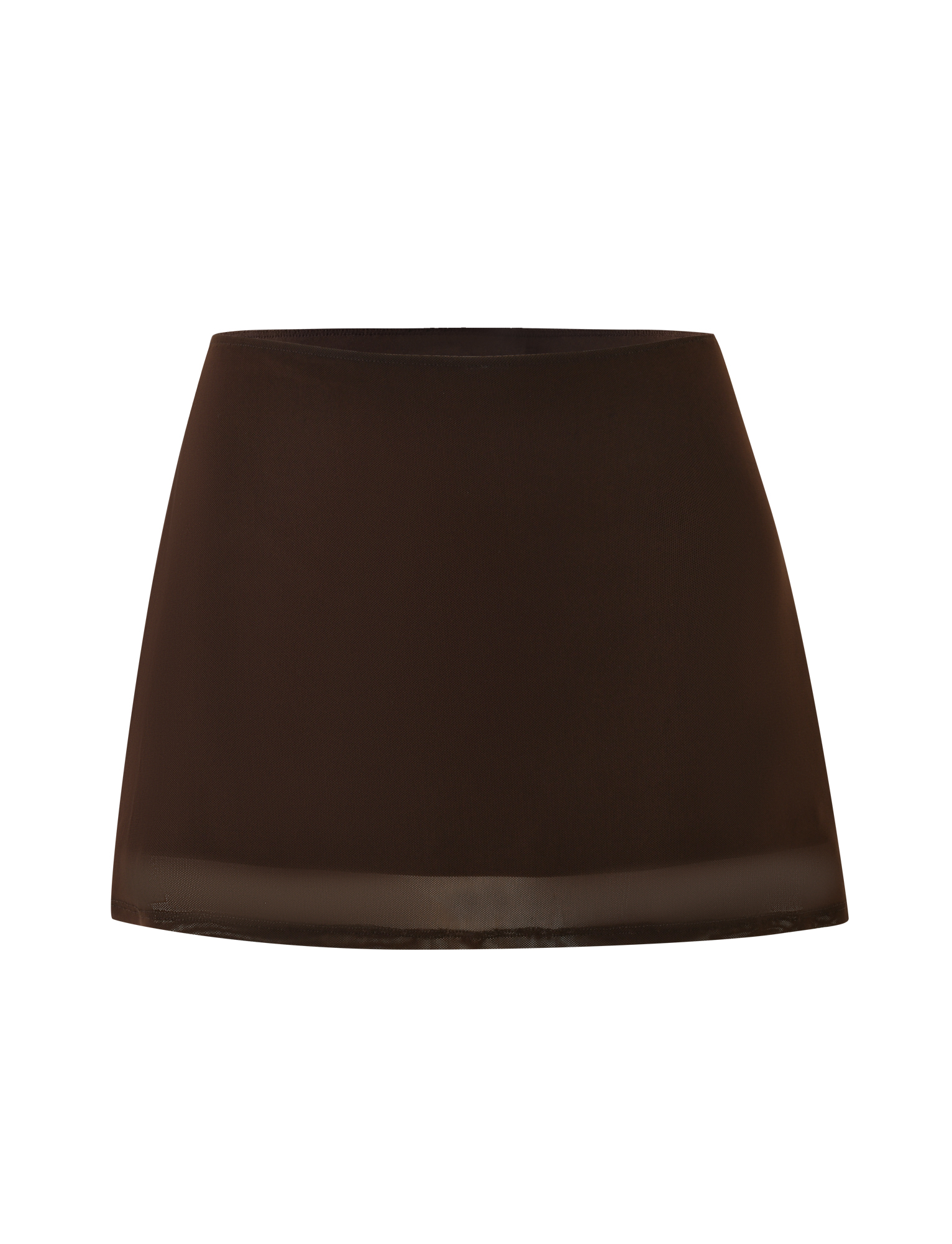 The TIGERMIST OCTAVIA MINI SKIRT - BROWN : CHOCOLATE is a high-waisted, chocolate brown mesh mini skirt with a smooth, stretchy fabric and A-line silhouette, shown on a white background.