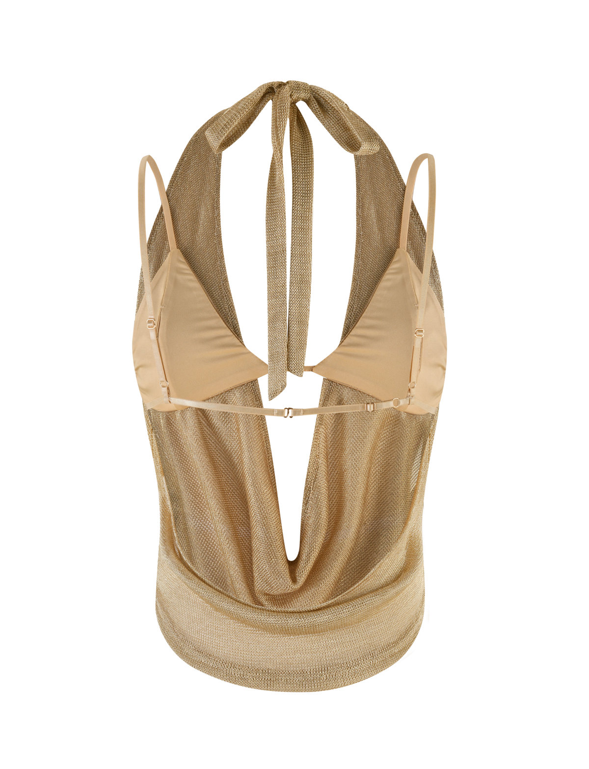 The TIGERMIST MAKENA TWO-PIECE TOP 2.0 in Gold is a shimmering halter featuring a deep mesh cowl neck, open back, and adjustable straps, crafted from metallic fabric for a stylish and glamorous look.