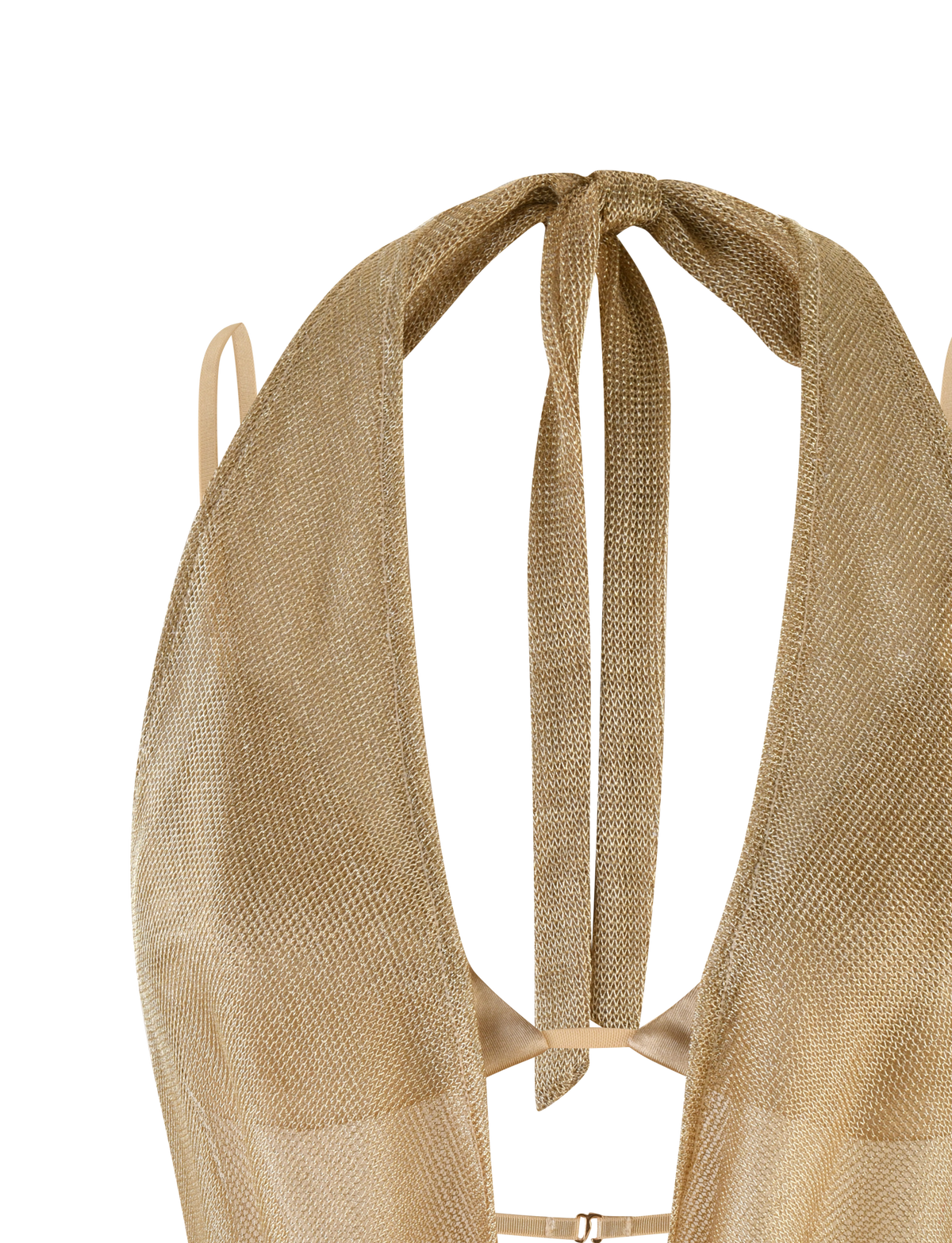 A close-up of the TIGERMIST MAKENA TWO-PIECE TOP 2.0 - GOLD, featuring a metallic halter-neck design with a sparkly, textured finish and an open back with adjustable tie neck straps.