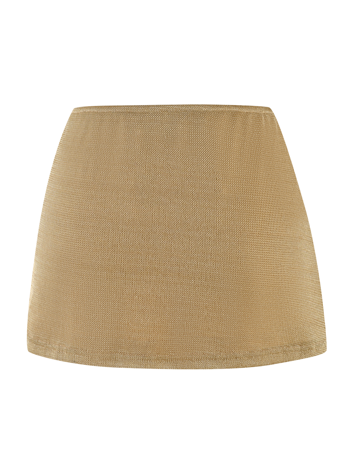 The TIGERMIST OCTAVIA MINI SKIRT - GOLD is a metallic knit mini skirt with a straight, fitted silhouette and subtle sheen, shown against a white background.