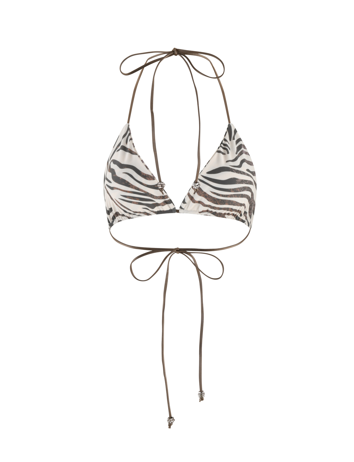 The AVE BIKINI TOP - NEUTRAL : ZEBRA by TIGERMIST features a bold zebra print, triangle cups, thin halter neck ties, and long adjustable straps that wrap around the torso.