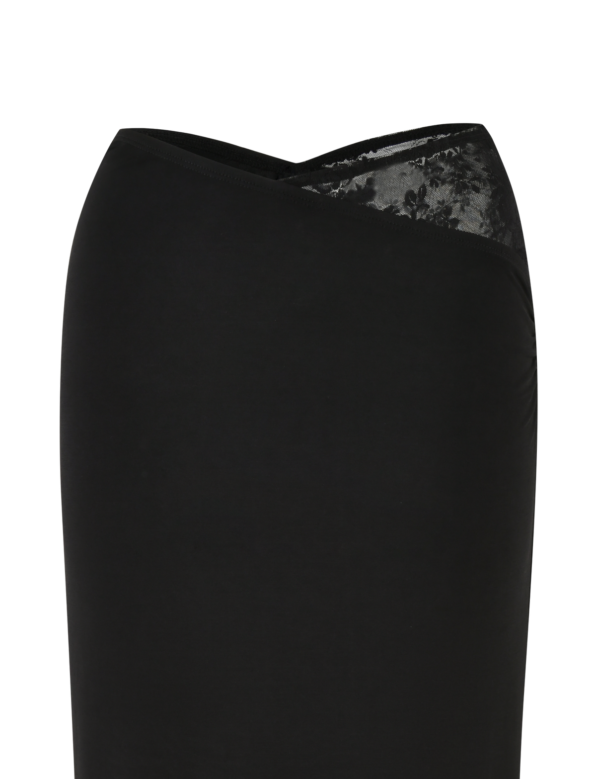 A close-up of the EMERI SKIRT - BLACK by TIGERMIST shows its elegant black fabric wrap, partially revealing a floral black lace hip detail—highlighting the skirt’s sophisticated design.