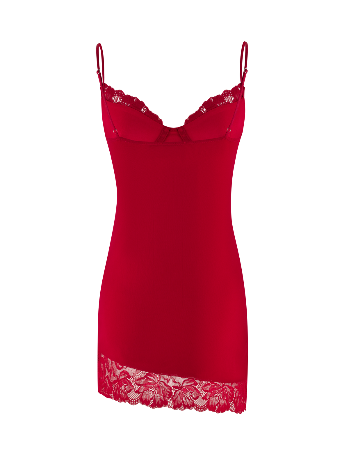 The AISLING DRESS - RED by TIGERMIST features elegant lace-trimmed bust and hem, adjustable shoulder straps, and a smooth, fitted silhouette.