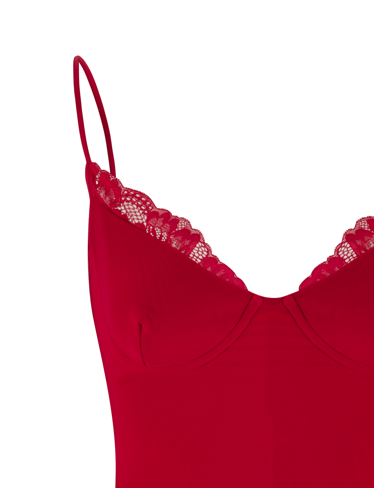 A close-up of the AISLING DRESS - RED by TIGERMIST shows adjustable straps, delicate lace at the neckline, soft fitted fabric, and gentle ruching under the bust.