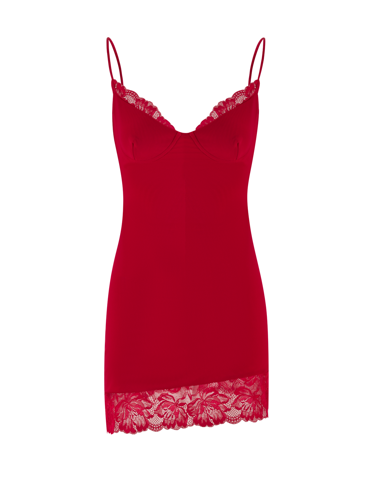 The AISLING DRESS - RED by TIGERMIST features adjustable shoulder straps, lace detailing along the neckline, and an asymmetrical lace trim at the hem.