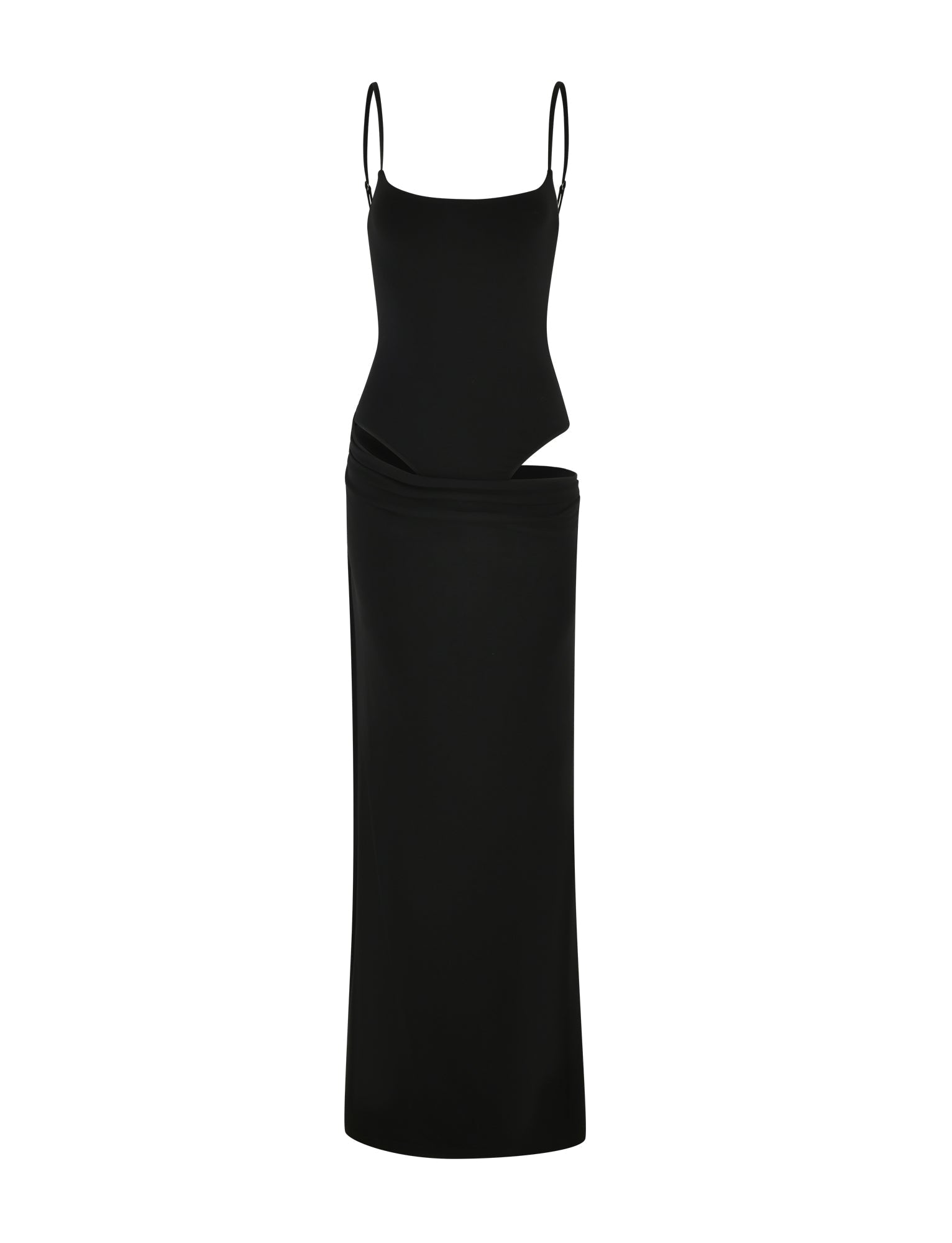 The UMA DRESS - BLACK by TIGERMIST is a sleeveless black bodycon maxi with adjustable straps and an asymmetrical waist cutout, made from high-stretch jersey. It’s shown against a plain white background.