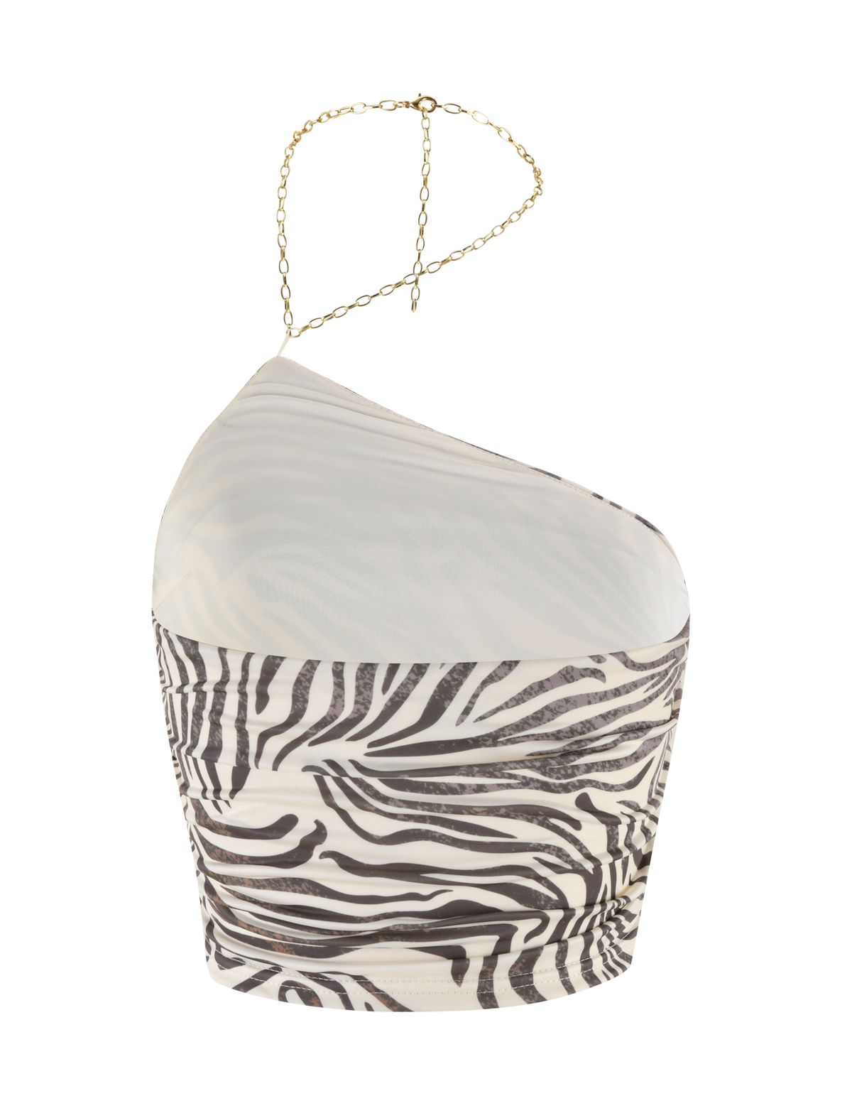 The TIGERMIST LYRA TOP - NEUTRAL : ZEBRA is an asymmetric one-shoulder crop top with a black and white zebra print, gold chain strap, fitted ruched detailing, and a stylish cropped length.