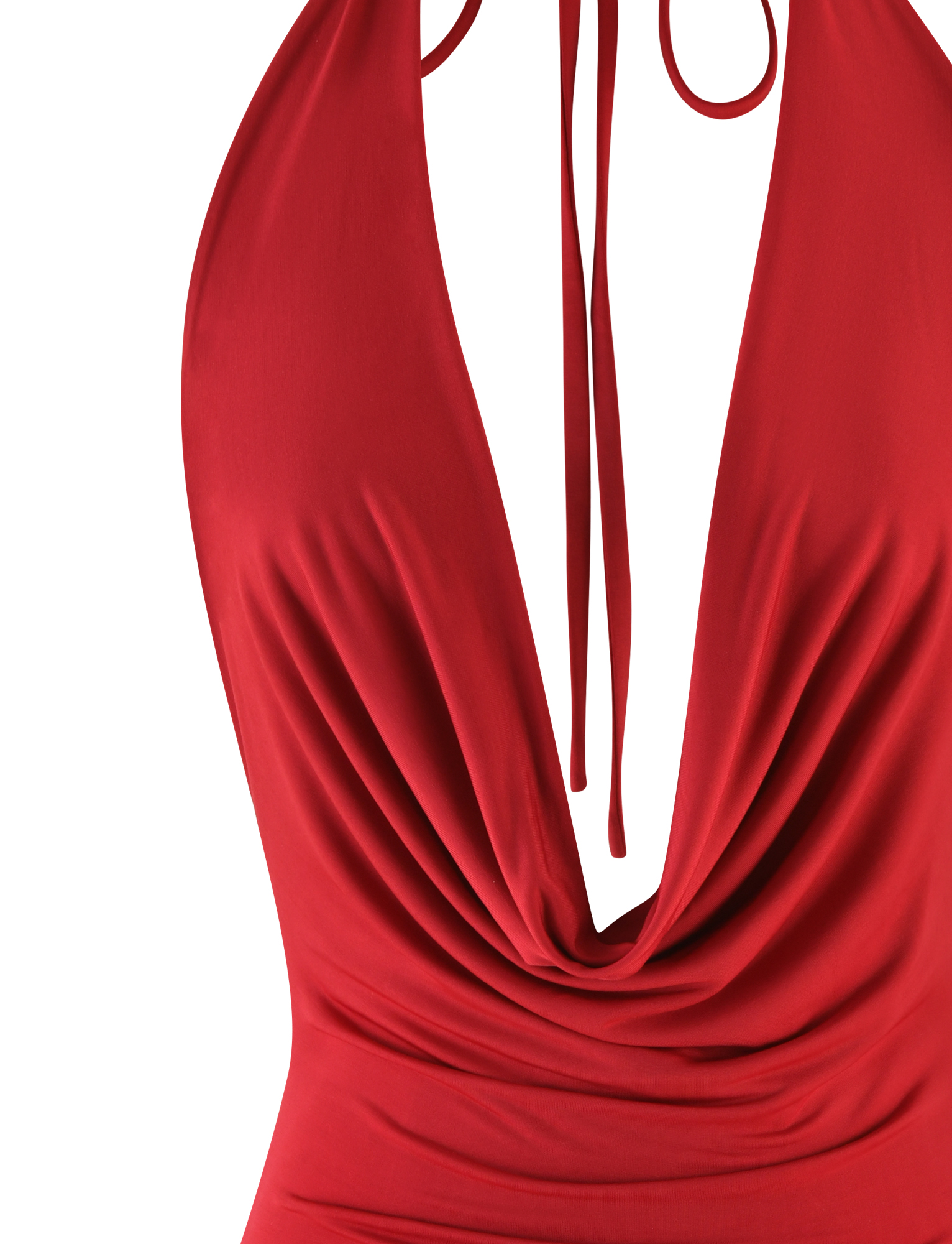 Close-up of the TIGERMIST KEIRA MINI DRESS in dark red, showcasing a draped cowl neckline, tie-back halter straps, and a sleek bodycon fit.