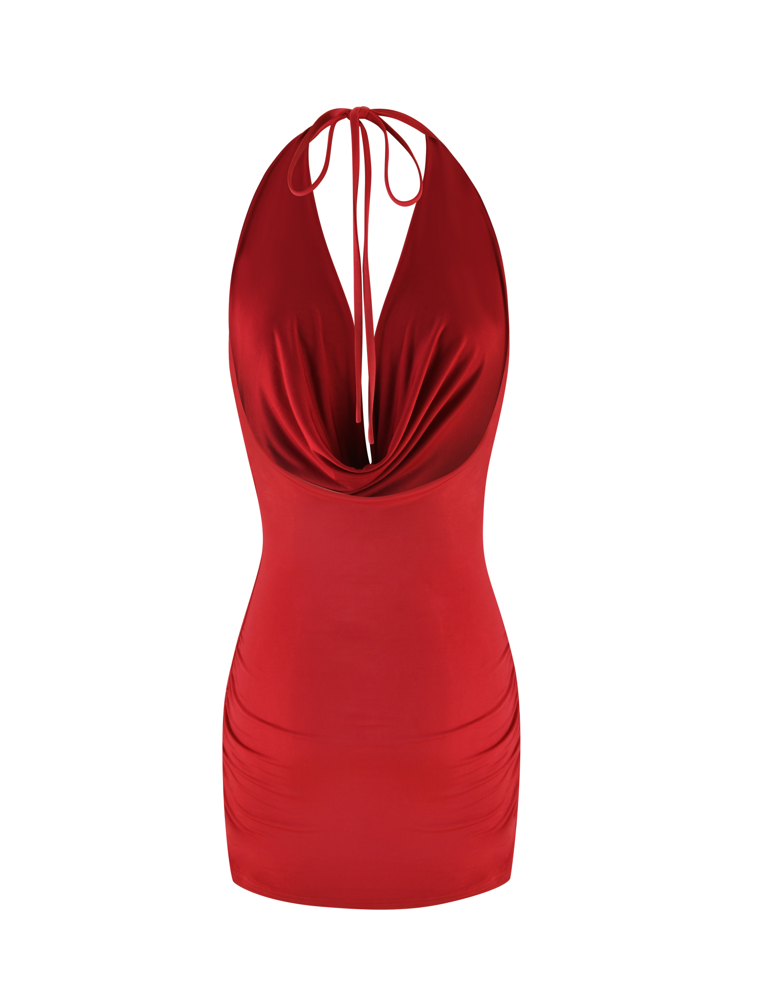 The KEIRA MINI DRESS - RED by TIGERMIST is a sleeveless, dark red halter mini dress with a plunging cowl neckline, open back with tie straps, and a fitted ruched bodycon silhouette. Shown against a white background.