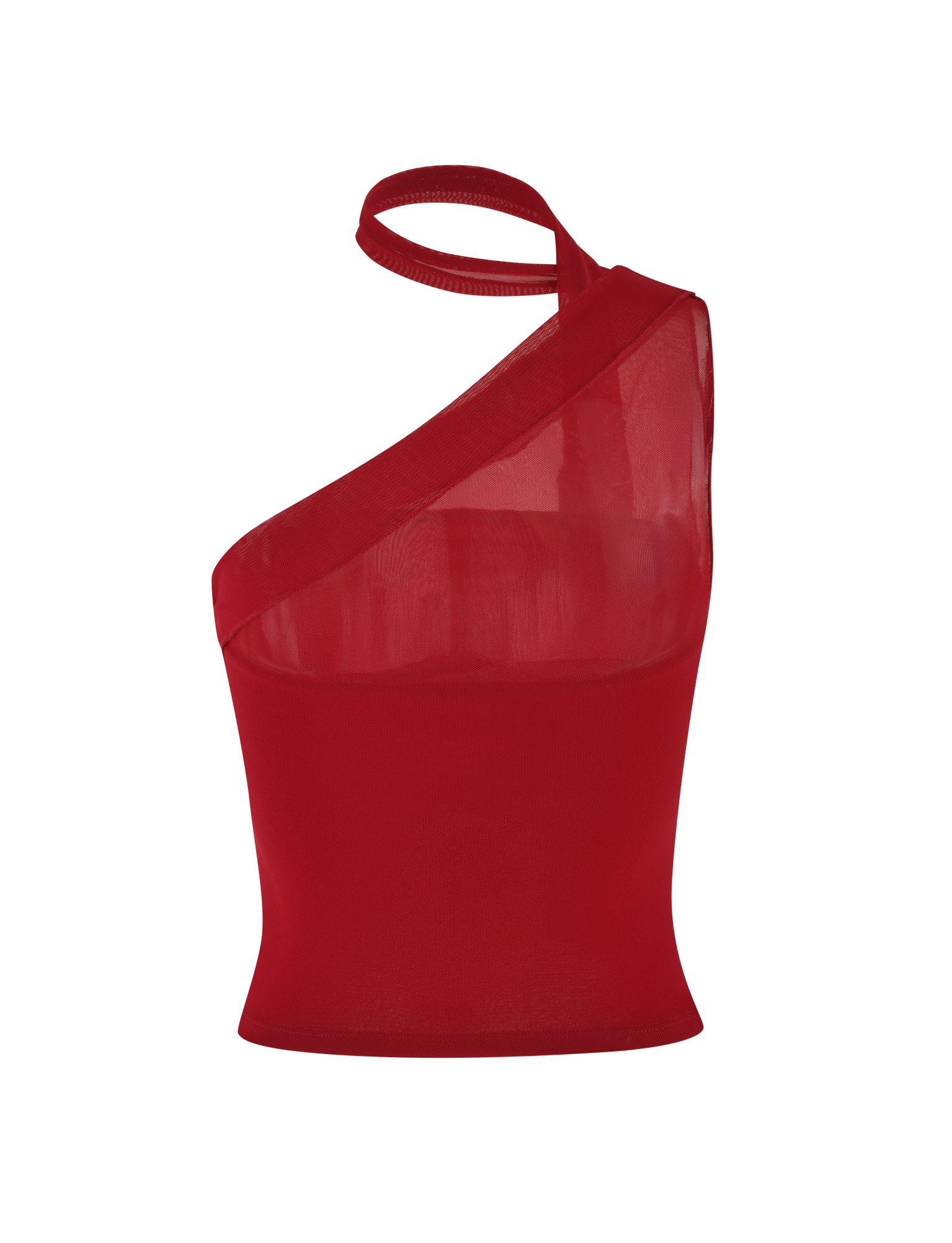 The FIONA TOP - RED by TIGERMIST is a sleeveless, fitted top featuring a sheer, asymmetrical one-shoulder design with a thin strap crossing over the right shoulder.