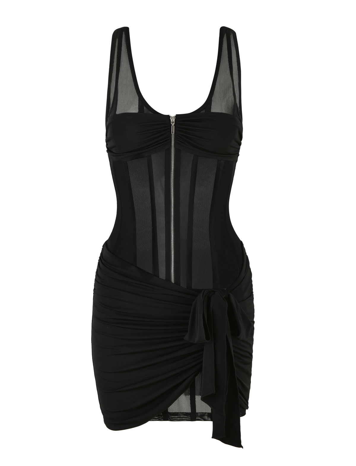 The TIGERMIST CATERINA MINI DRESS - BLACK is a sleeveless mesh mini dress with a sheer bodice, scoop neckline, front zipper, and ruched skirt with an asymmetrical draped tie detail over a slinky jersey lining.