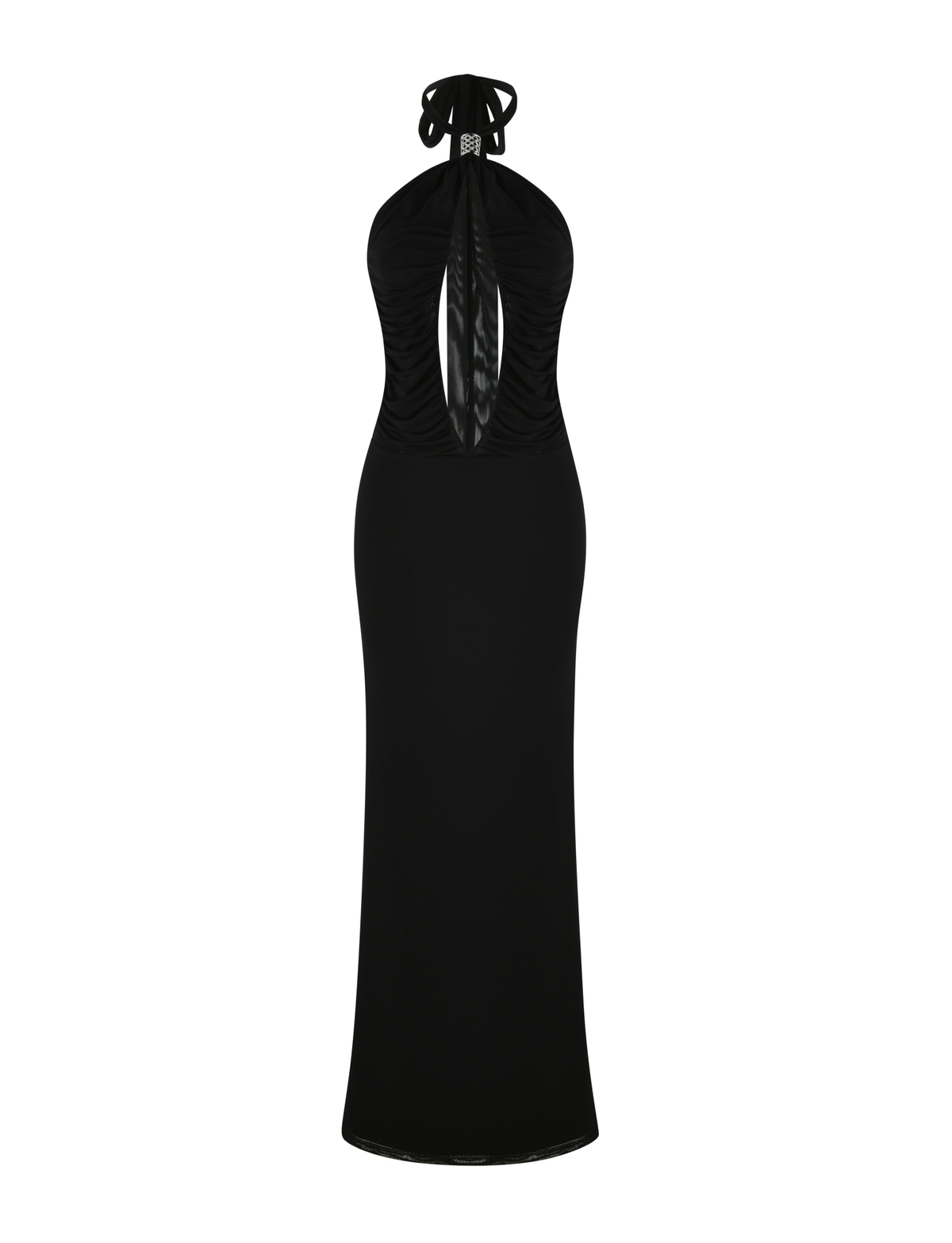 The TIGERMIST ZARA MAXI DRESS in black is a long, sleeveless halter dress featuring a chest keyhole cutout and ruched bodice details, shown against a plain white background.