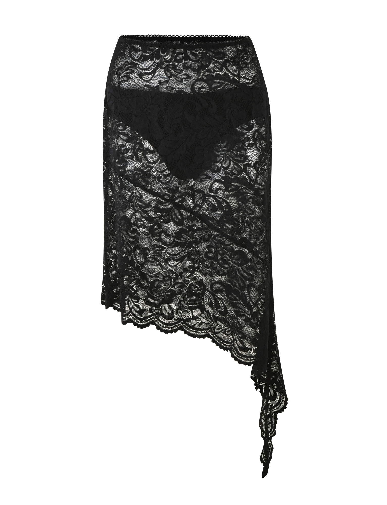 The TIGERMIST SIYA MIDI SKIRT in black features sheer floral lace, an asymmetrical hemline, scalloped edges, and a fitted high-waisted design.