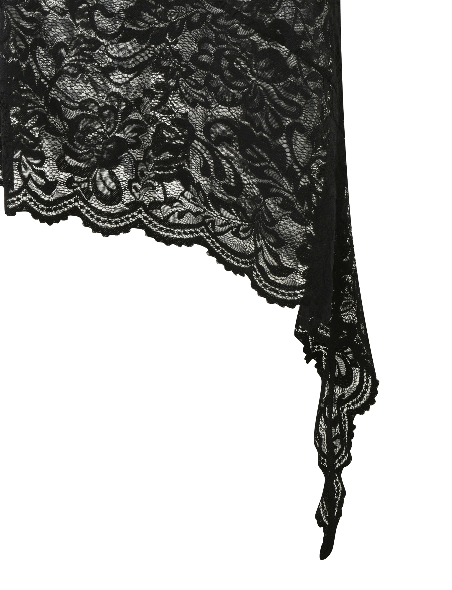 The SIYA MIDI SKIRT by TIGERMIST features black floral sheer lace with intricate flower and leaf patterns, a scalloped edge, and an asymmetrical hemline.