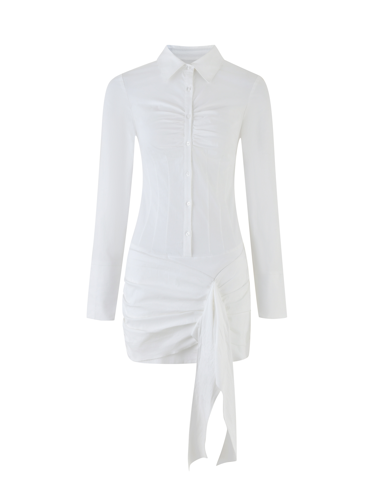 The ZADIE SHIRT DRESS by TIGERMIST is a white cotton poplin mini dress with long sleeves, front buttons, ruched details, and an asymmetrical draped tie hem—offering a modern, stylish silhouette.