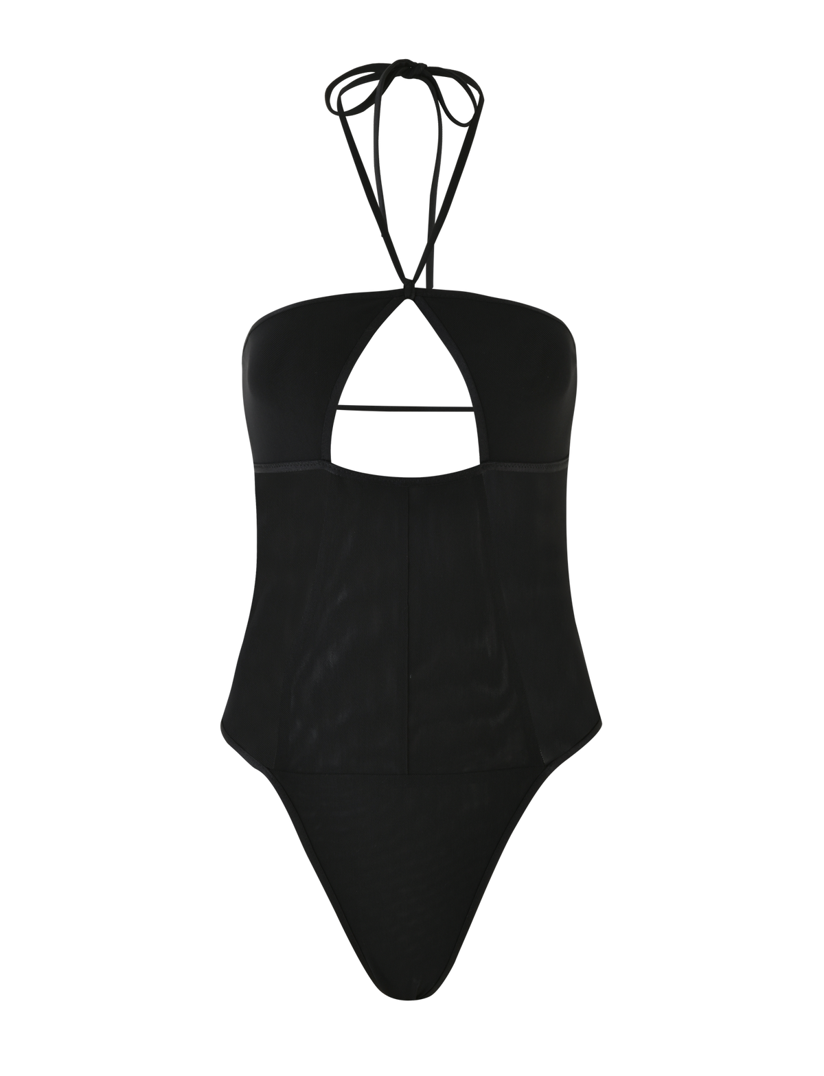 The MELANIA BODYSUIT by TIGERMIST is a black halter-neck one-piece with a front cut-out, high-cut legs, and adjustable strap, made from high stretch fabric and shown against a plain background.