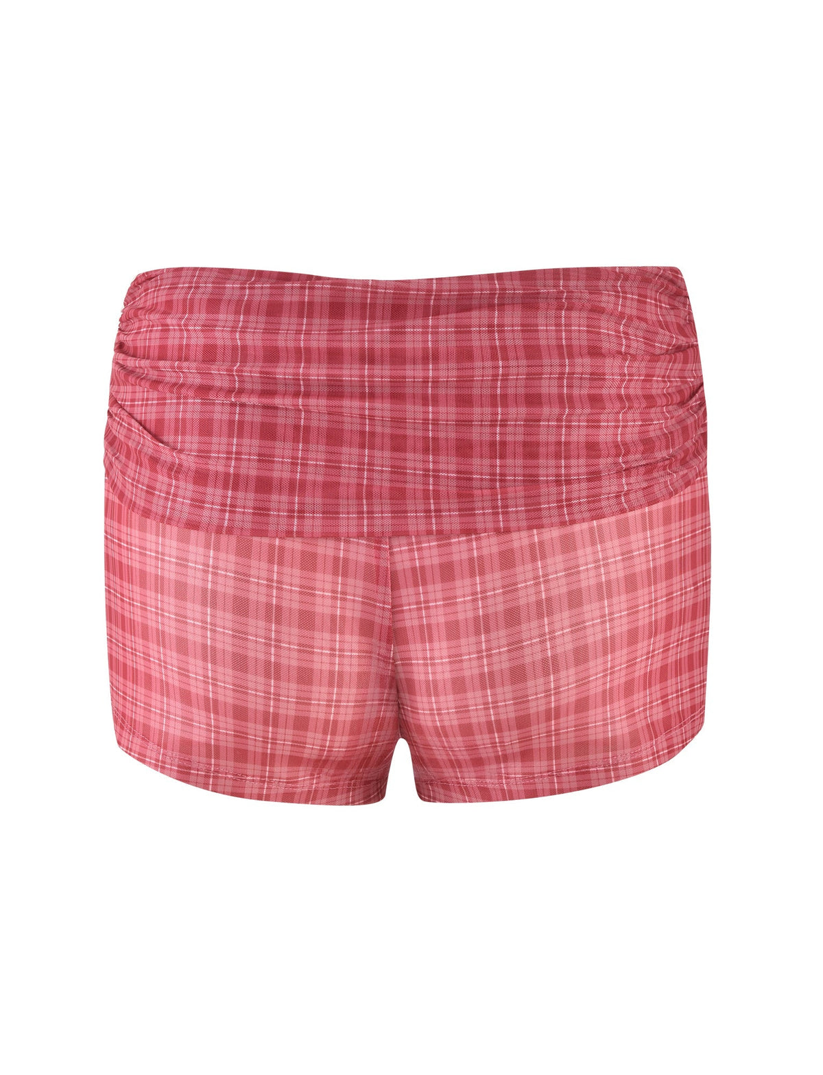 Back view of TIGERMIST's AMARAN SHORT - RED : RED CHECK, featuring a red check print with subtle ruching. These high-stretch shorts offer a snug bodycon fit and are showcased on a white background.