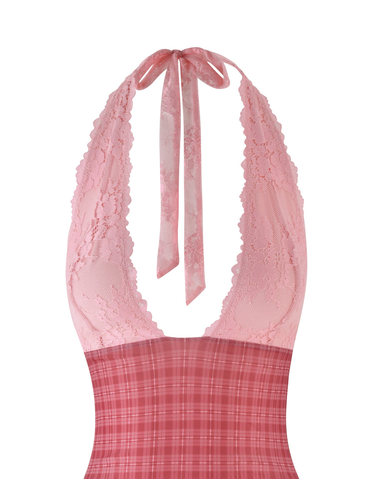 Close-up of the TIGERMIST NAVIA DRESS in a pink lace halter mini design. Features delicate strap detailing and a red check pattern on the bodice, with straps that tie at the neck for a feminine and stylish look.