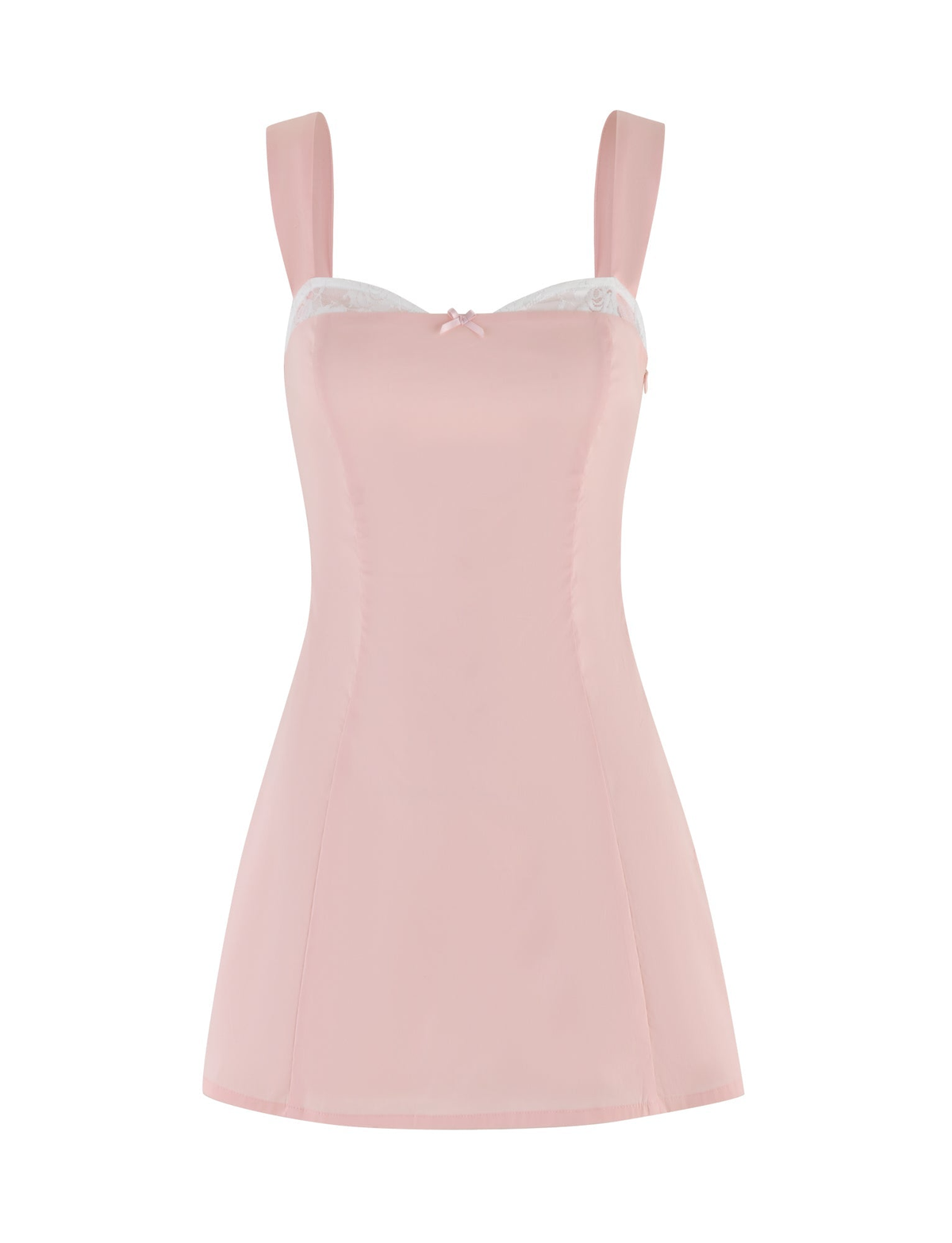 The TIGERMIST COLSON MINI DRESS in baby pink features wide straps, a fitted bodice with lace neckline trim and center bow, plus a smooth, slightly flared skirt for a simple yet elegant look.
