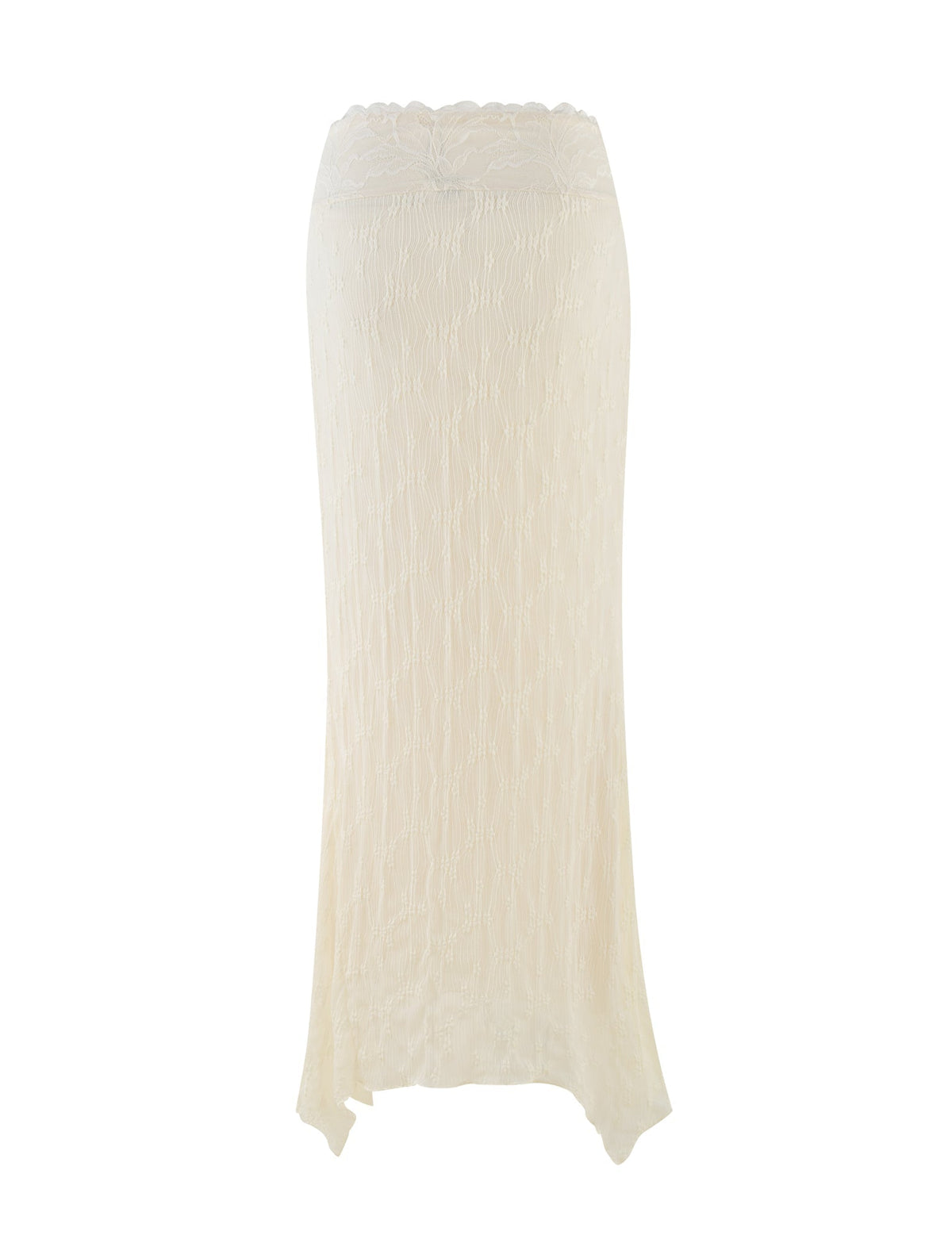 The TIGERMIST ANTONELLA MIDI SKIRT in cream lace features a scalloped waistband, slightly flared hem, and high-stretch fabric, shown here against a white background.