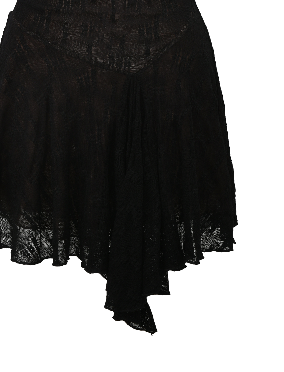 A close-up of the TIGERMIST FIORELLA DRESS in black lace, featuring a semi-sheer, asymmetrical ruffle design with a handkerchief hem and intricate lace details, set against a white background.