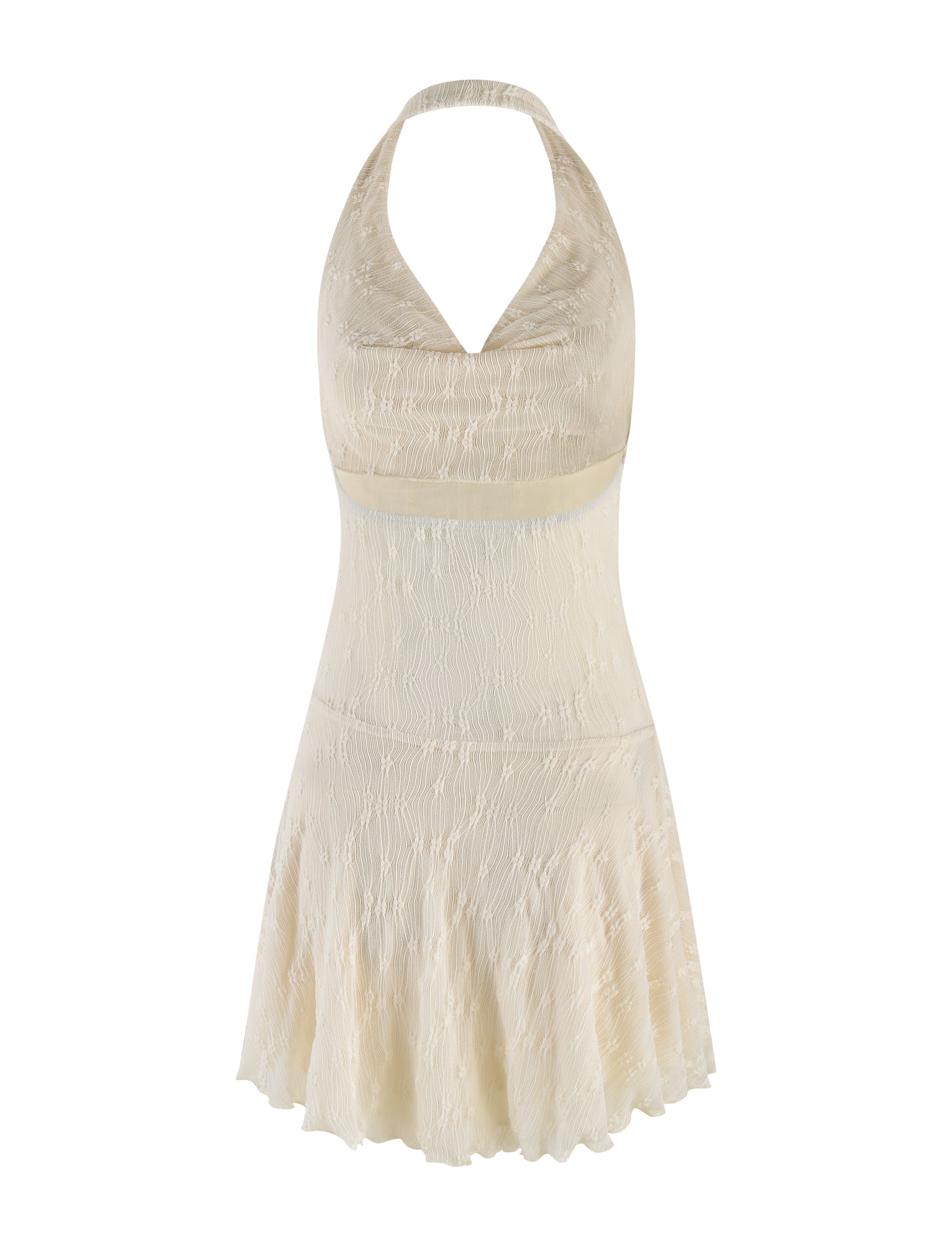 The TIGERMIST FIORELLA MINI DRESS in cream lace features a sleeveless halter neck, V-neckline, and flared textured skirt, shown on a white background.