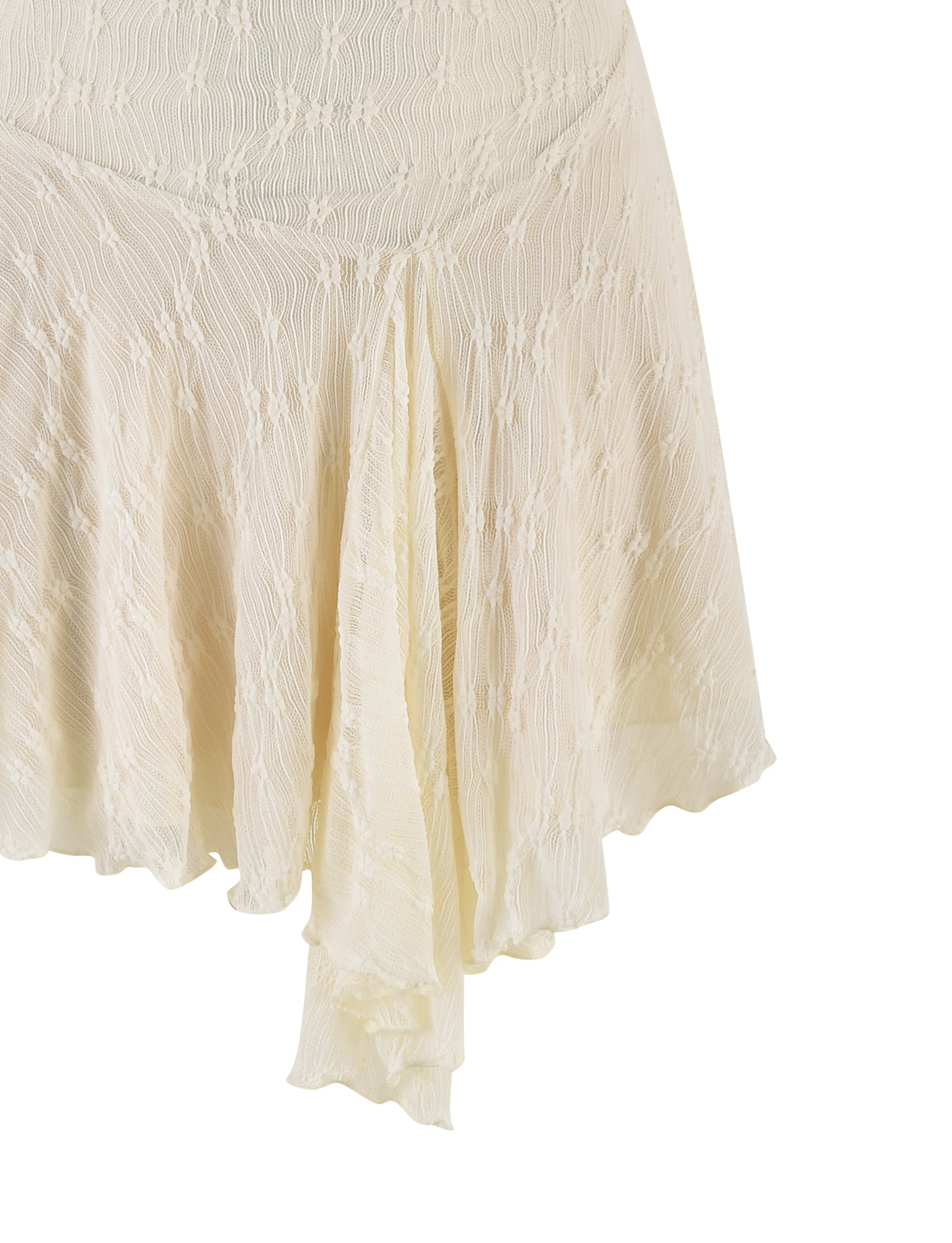Close-up of the TIGERMIST FIORELLA MINI DRESS in cream lace, featuring a textured fabric, flared hem, delicate lace details, and a lightweight, semi-sheer look.