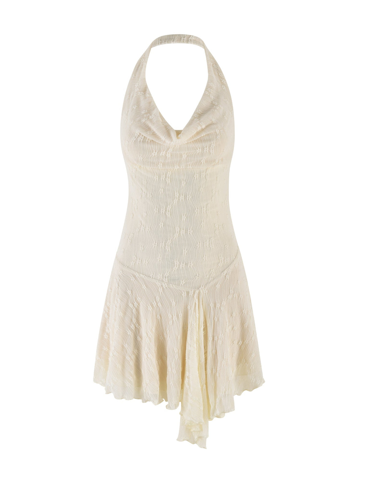 The TIGERMIST FIORELLA MINI DRESS features a cream lace design with a sleeveless halter neck, cowl neckline, and asymmetrical hemline. Its lightweight, textured fabric offers a flowy and elegant look in white.