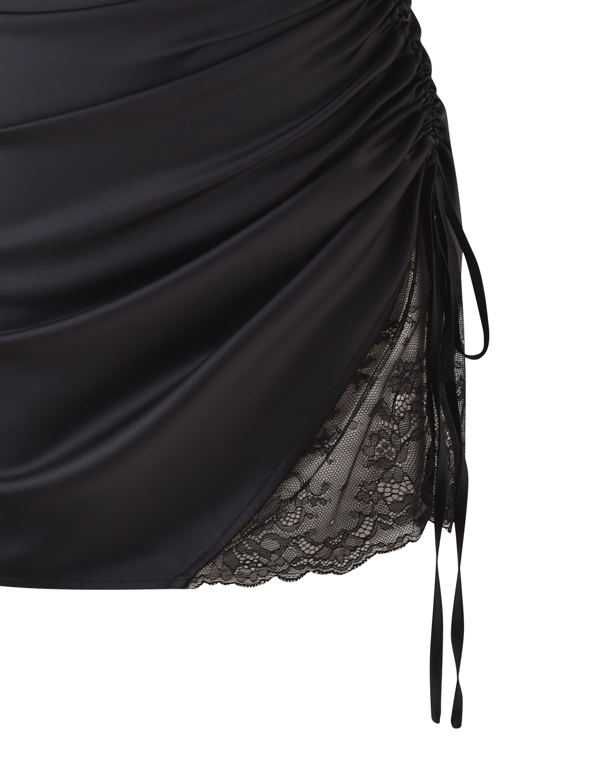 Close-up of the TIGERMIST BEXLEY MINI DRESS in black, featuring side ruching with two thin ribbons, a lace panel at the hem, and adjustable straps for an elegant finish.