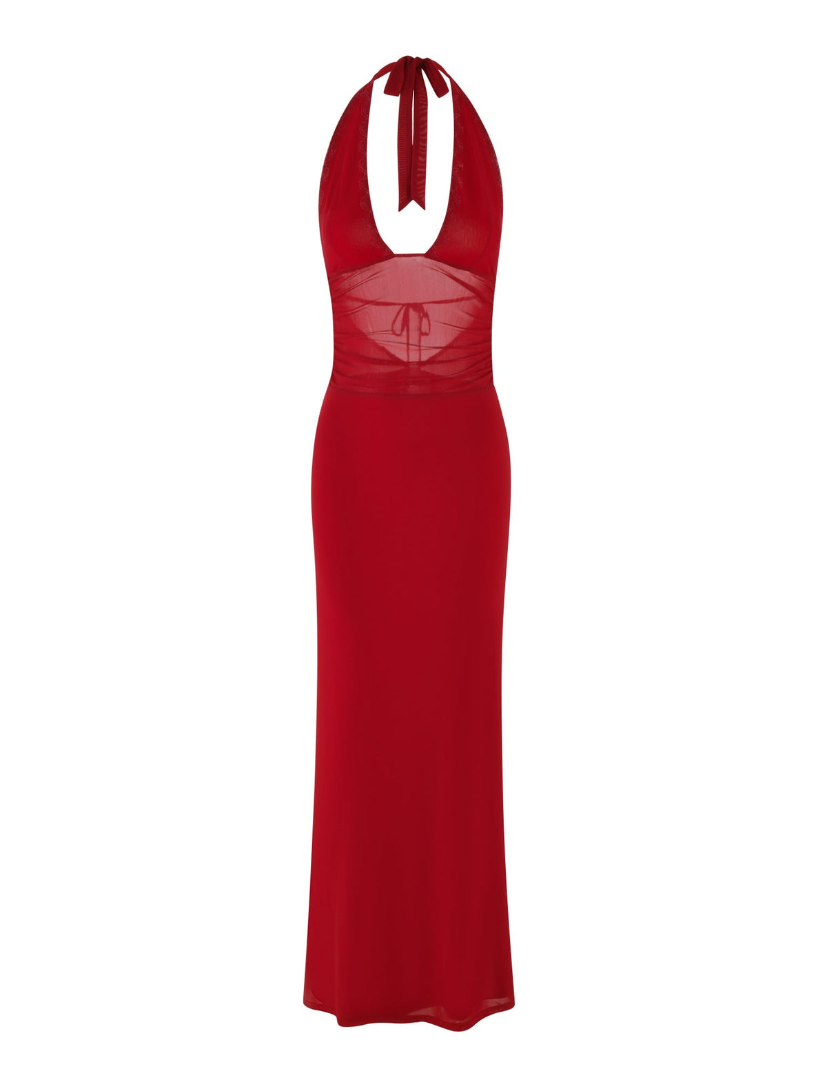 The BRESILY MAXI DRESS - RED by TIGERMIST is a sleeveless, floor-length maxi dress with a halter neck tie, sheer mesh midriff panel, stretch fabric, and a drawstring waist for comfort.