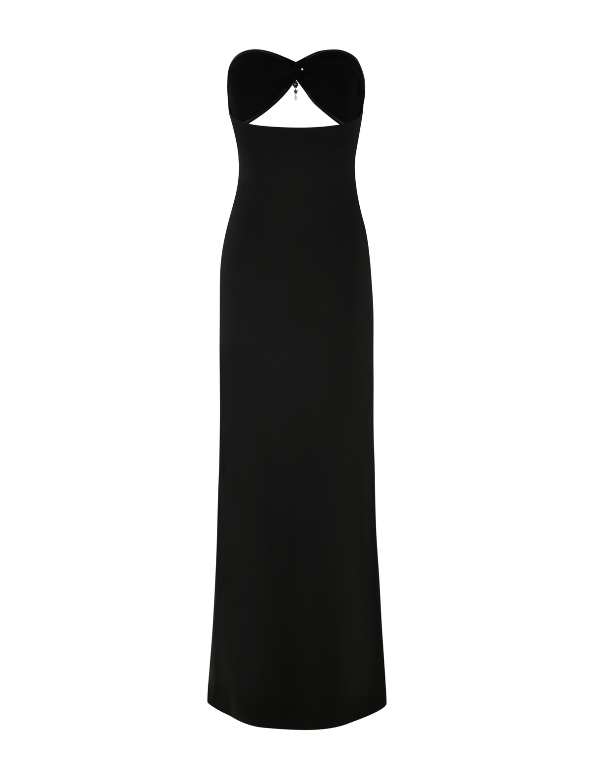 The TIGERMIST GRAZIA DRESS - BLACK is a strapless, black bandeau maxi dress featuring a sweetheart neckline, under bust cutout, and slim fit. Minimal and elegant, perfect with silver jewel gel tape. Shown on a white background.
