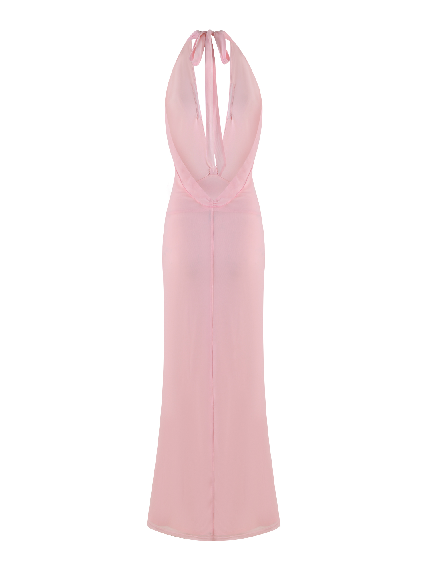 The TIGERMIST CRESSIDA MAXI DRESS in baby pink features a halter neck, plunging neckline, deep cowl back, and tie closure at the neck, displayed on a white background.