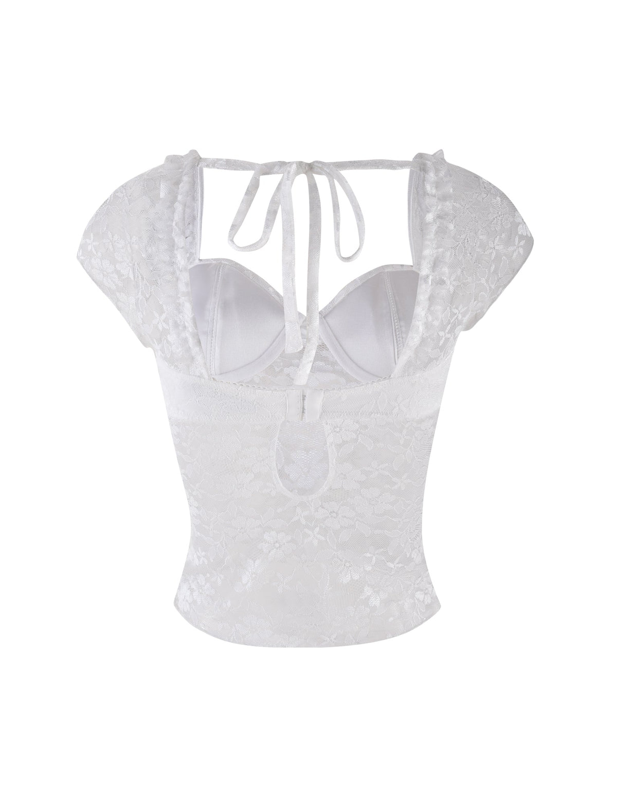 The NYRA TOP - WHITE by TIGERMIST is a white lace bustier top with short sleeves, sheer shoulder straps, an open back with upper tie, floral lace pattern, and a lower back cutout.