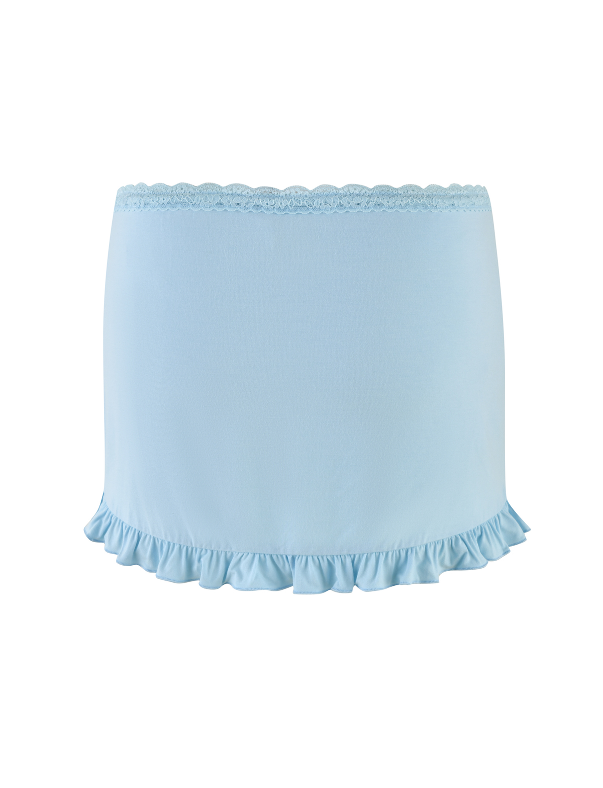 The TIGERMIST MELLIE SKORT - BLUE in baby blue features tonal lace trim and a ruffled hem, shown against a white background.