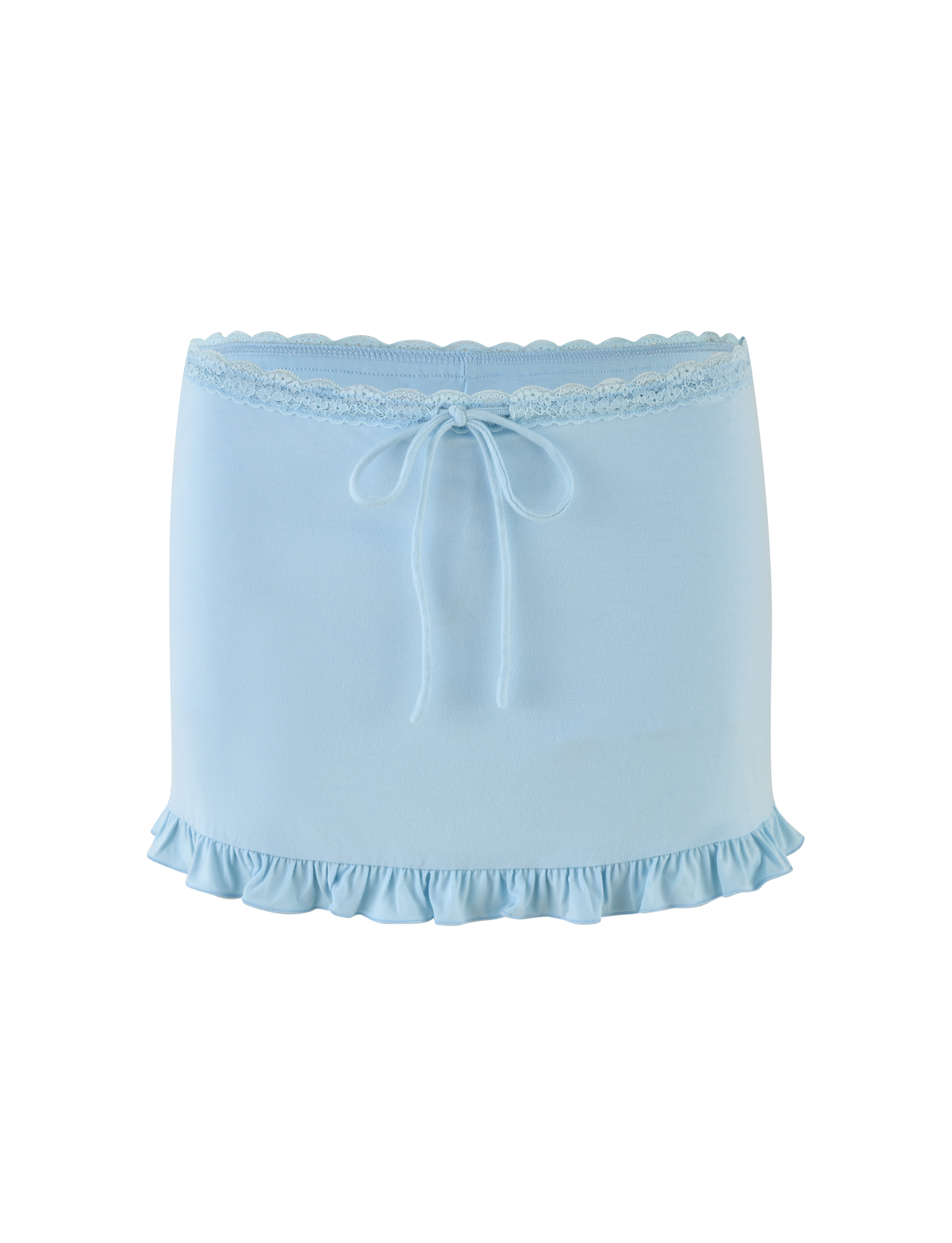 The TIGERMIST MELLIE SKORT in baby blue features soft jersey fabric, a ruffled hem, tonal lace trim at the waistband, and a front center bow, shown against a white background.