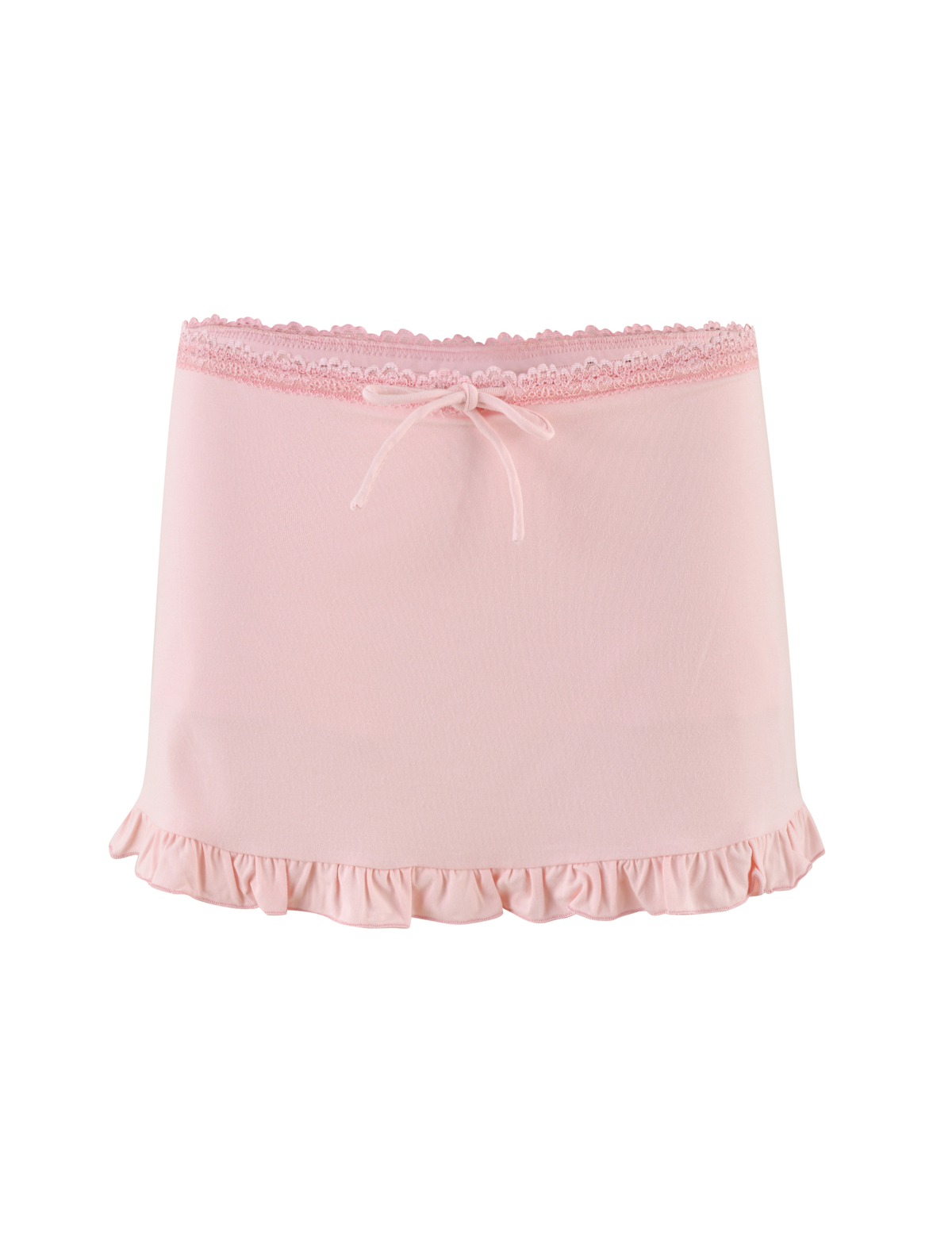 The MIRELLE SKORT - PINK by TIGERMIST features a pastel pink hue, ruffled hem, lace-trimmed waistband, and front bow detail, shown against a plain white background.