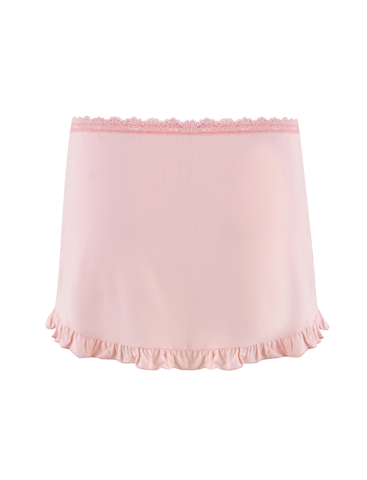 The MIRELLE SKORT - PINK by TIGERMIST features a pastel pink hue with a lacy waistband and ruffled hem, displayed on a white background.