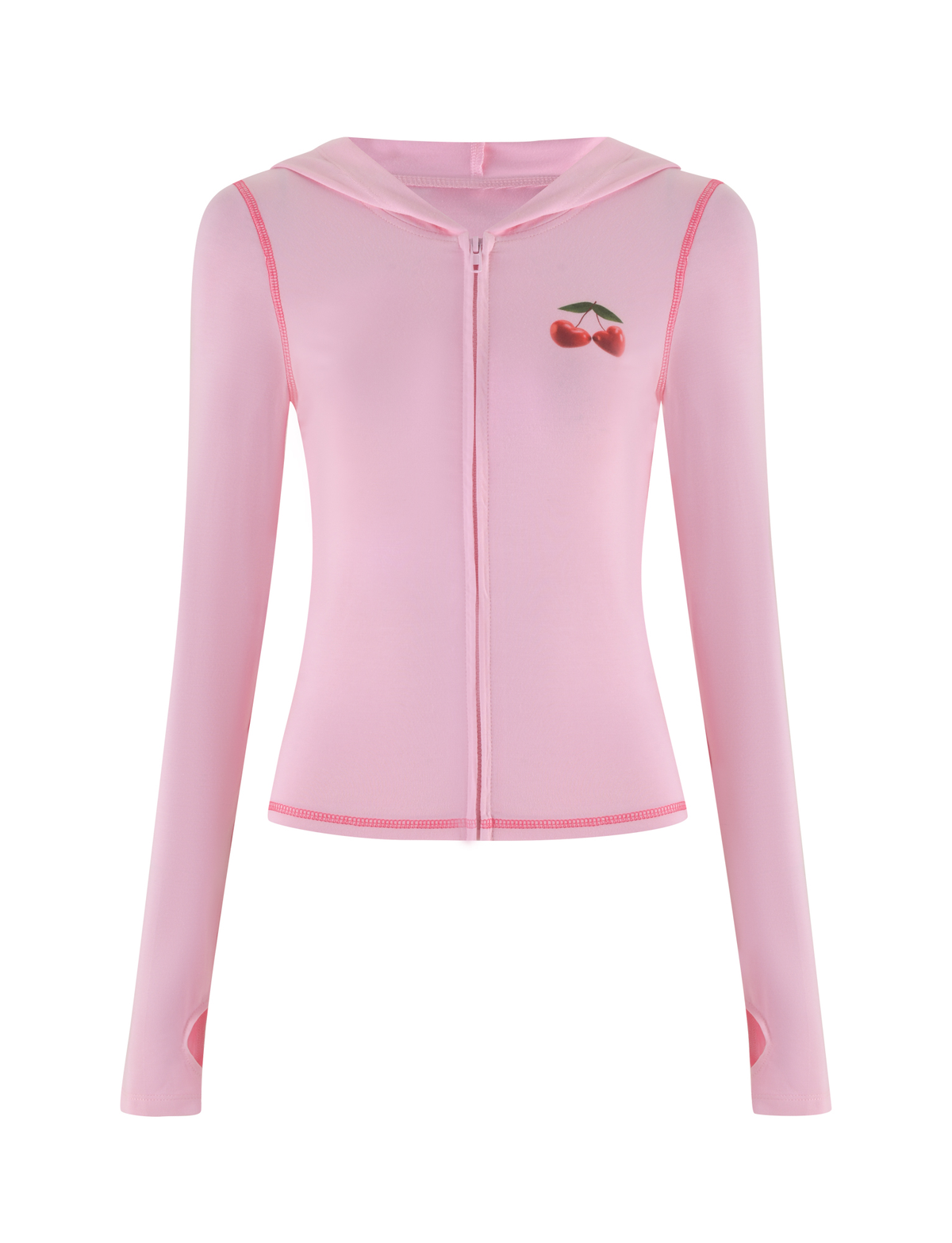 The TIGERMIST BLAYZE HOODIE in soft pink is a fitted zip-up jacket with long sleeves, a hood, and a small cherry graphic on the left chest.