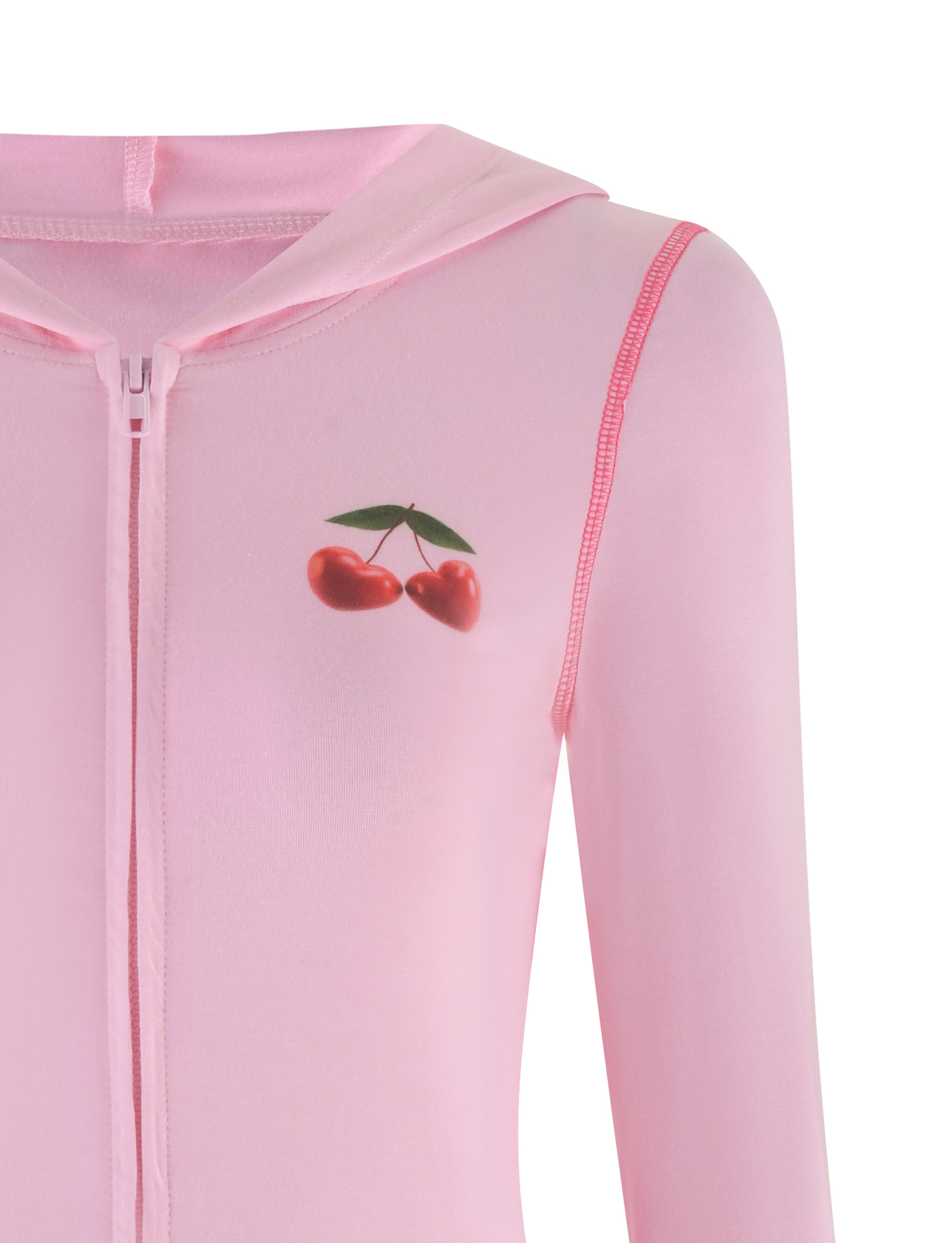 A close-up of the TIGERMIST BLAYZE HOODIE in soft pink, featuring a zip-up design, hood, and a small cherry graphic with two red cherries and green leaves on the left chest.