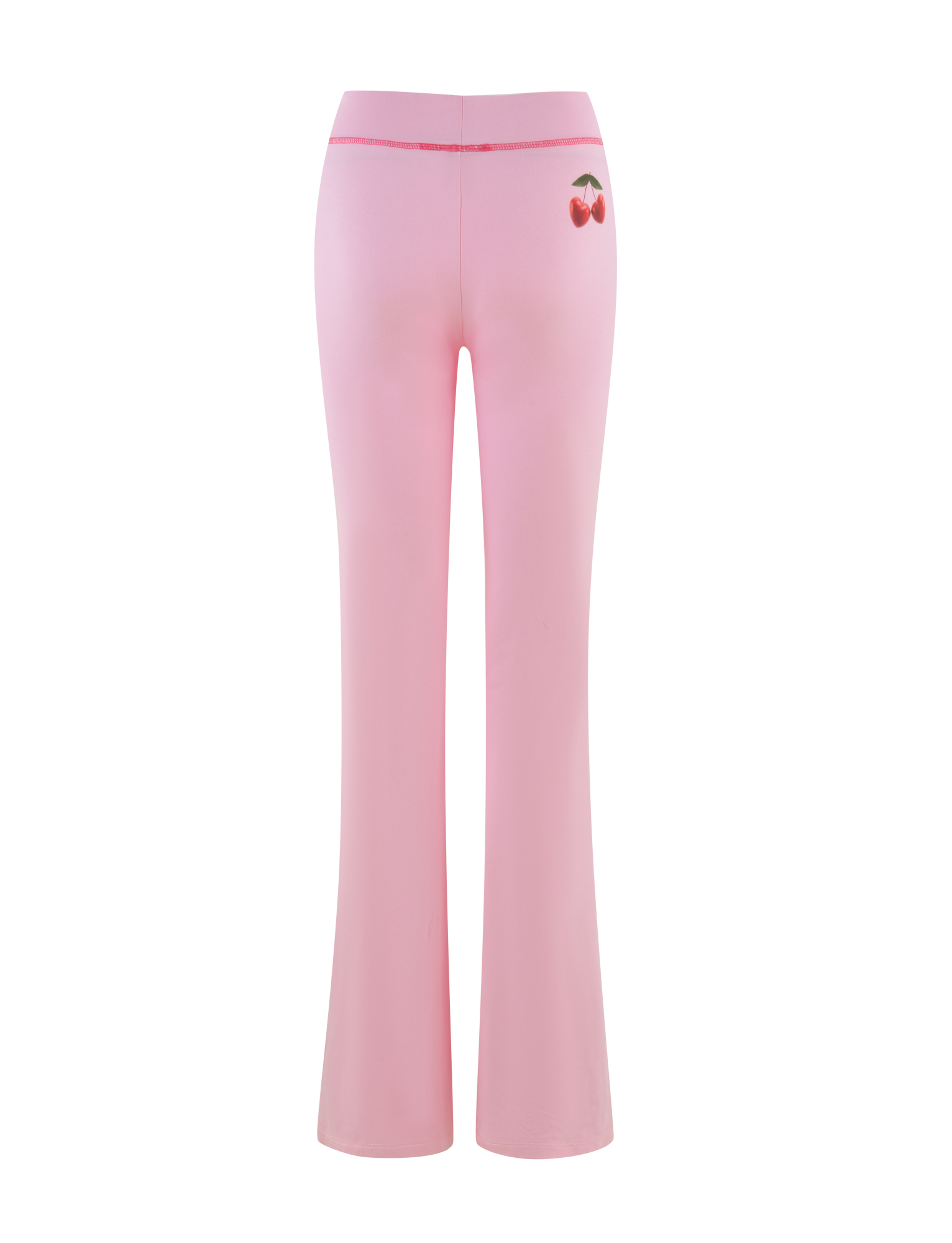 Back view of TIGERMIST's BLAYZE PANT in soft pink, featuring a small red cherry graphic on the upper right waistband, set against a white background.