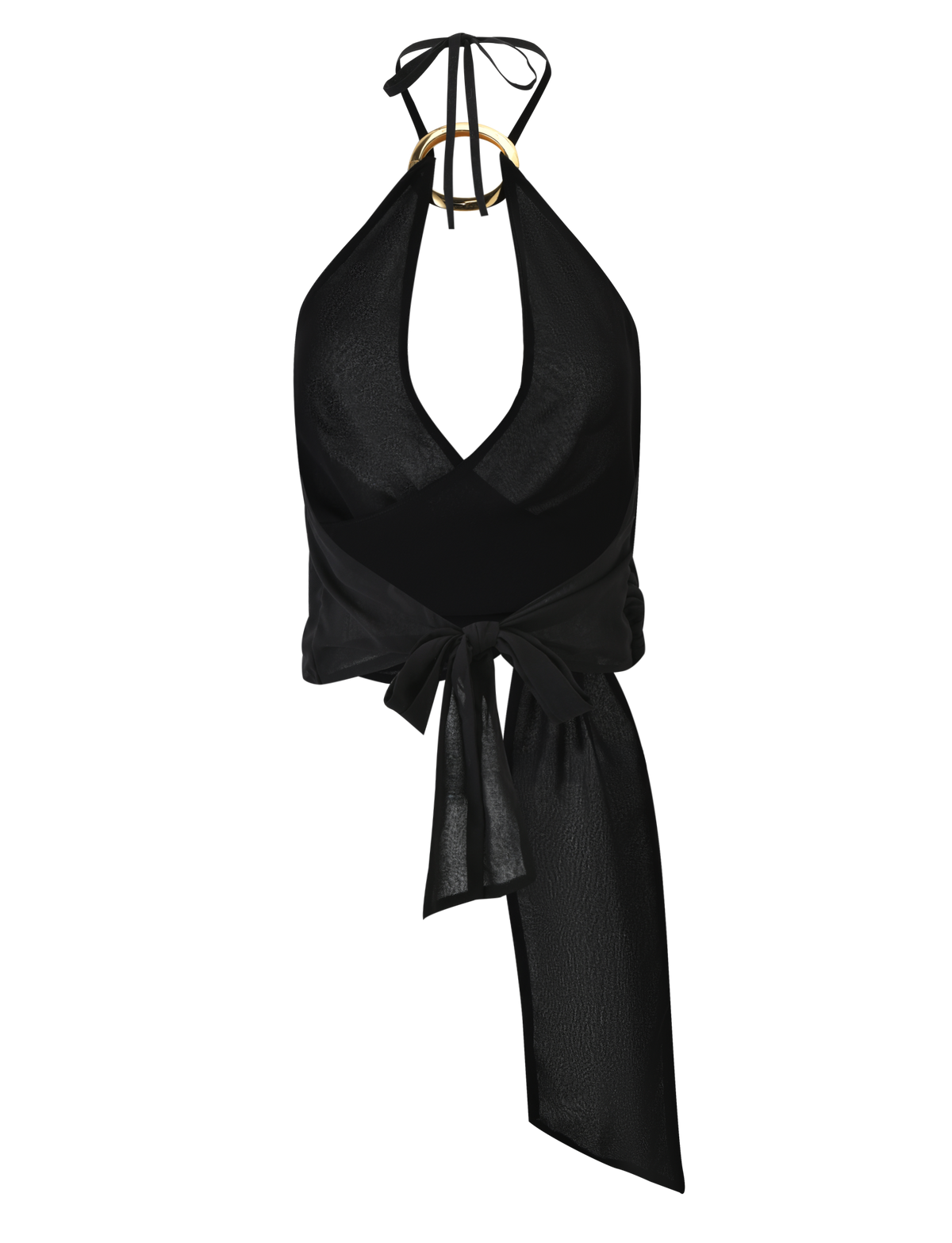 The INDIGO TOP - BLACK by TIGERMIST is a stylish black chiffon halter neck top with a deep V-neck, gold hoop details, an adjustable tie back, and a wide waist tie that ties into a front bow for a chic, casual fit.